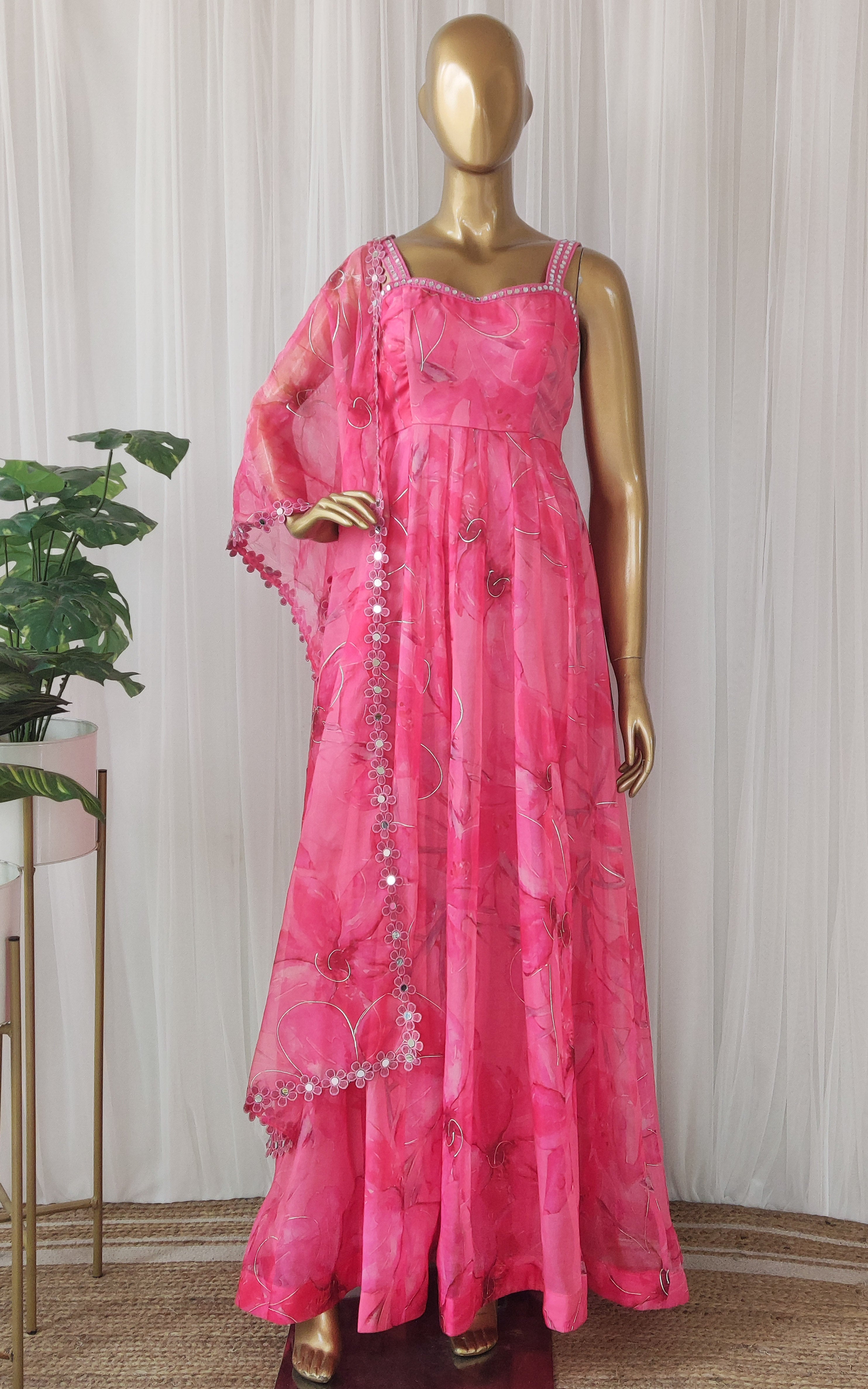 Pink Floral Handprinted Organza Mirrorwork Anarkali