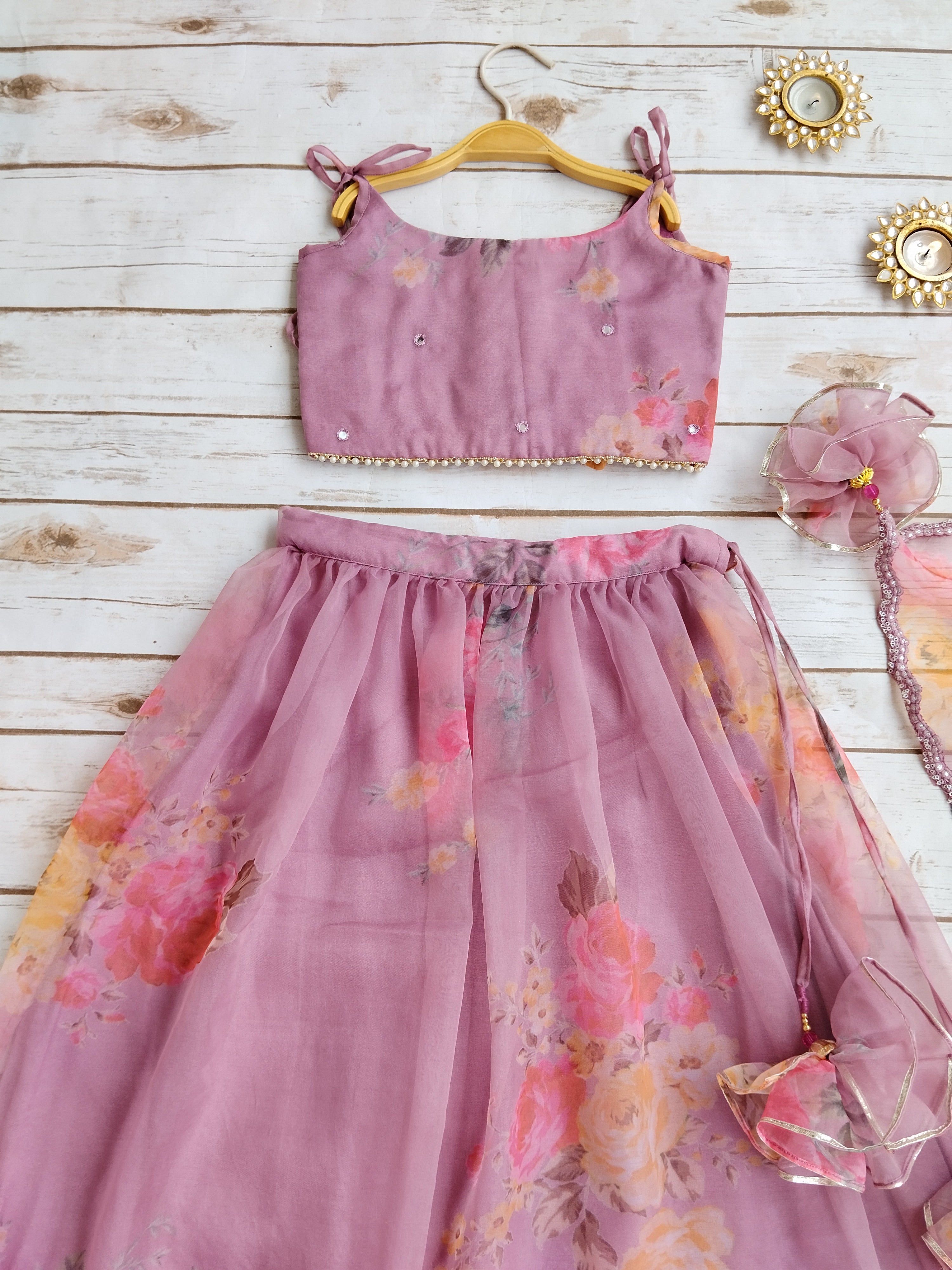 Onion Pink Flower Mirrorwork Organza Kids Lehenga