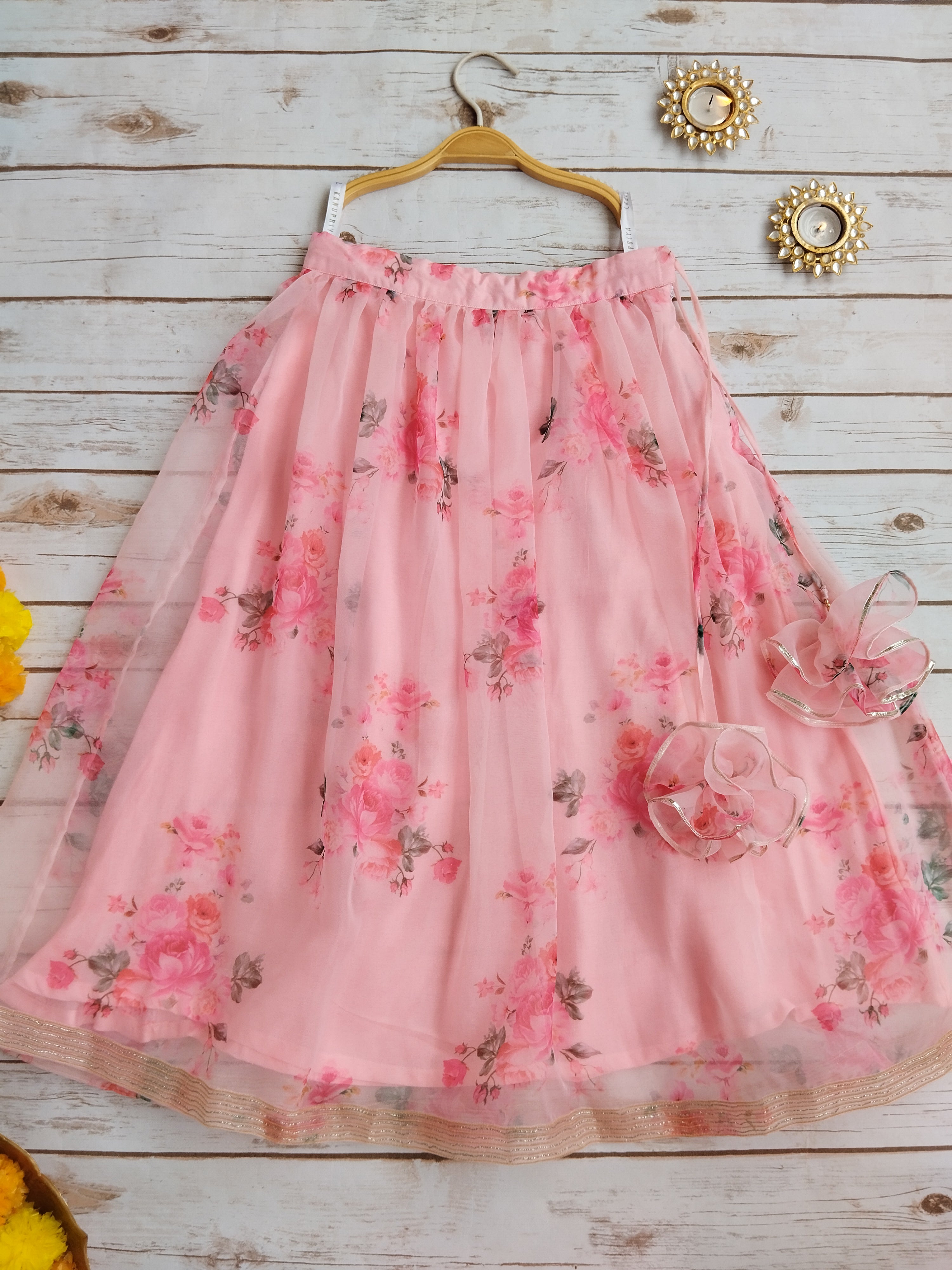 Blush Pink Red Flower Mirrorwork Organza Kids Lehenga