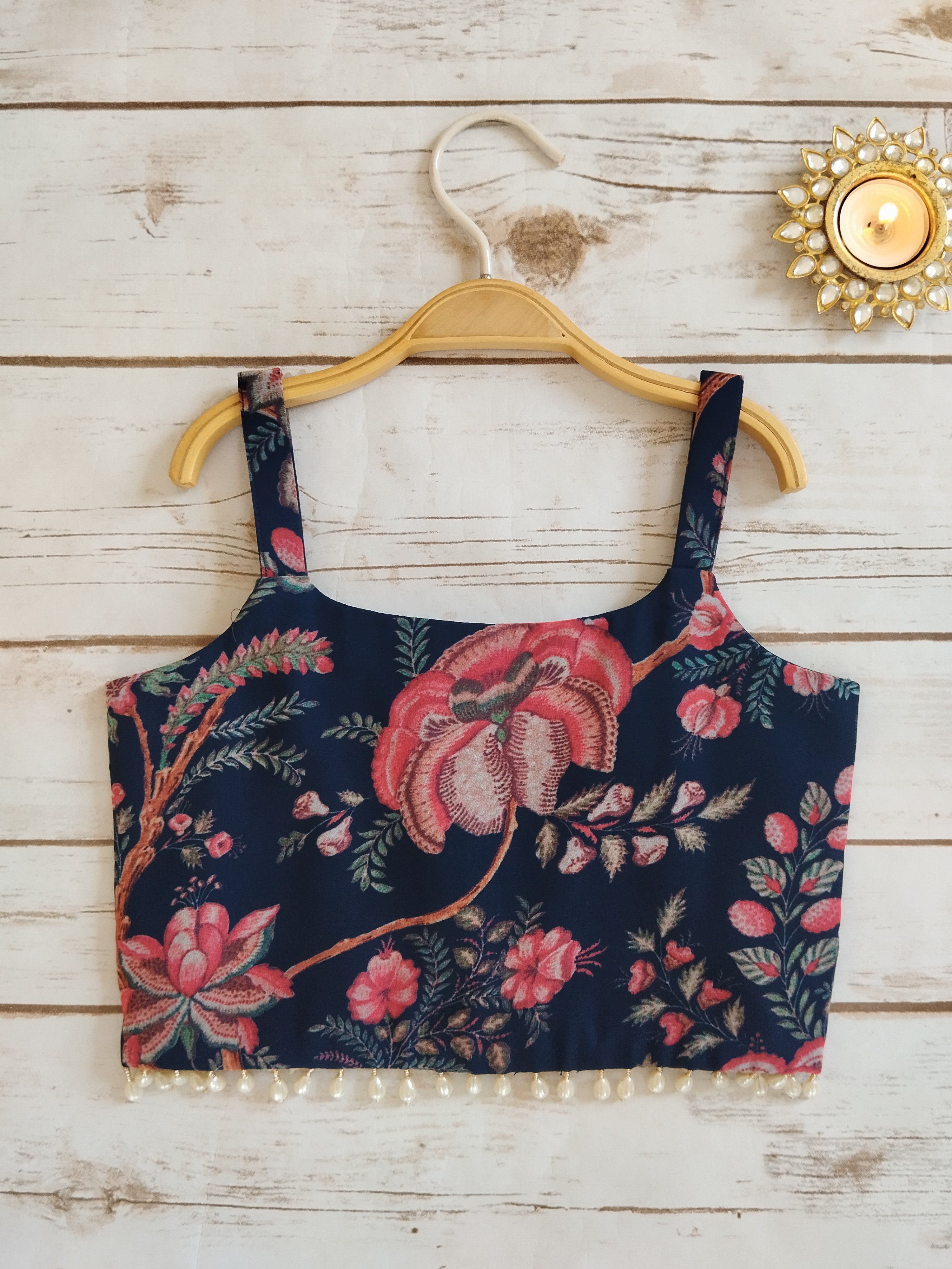 Navy Blue Floral Kids Crop Top & Sharara Set