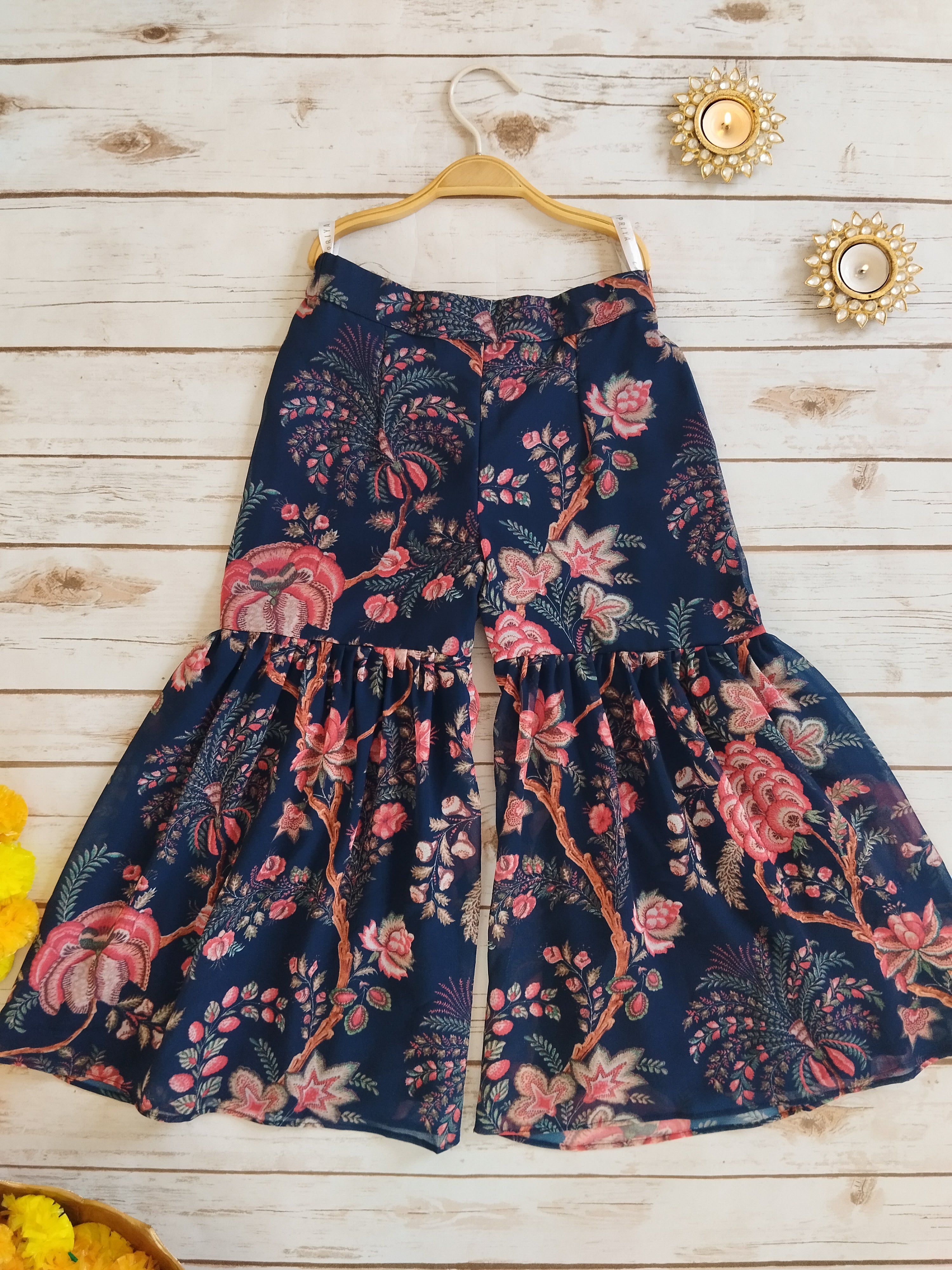 Navy Blue Floral Kids Crop Top & Sharara Set