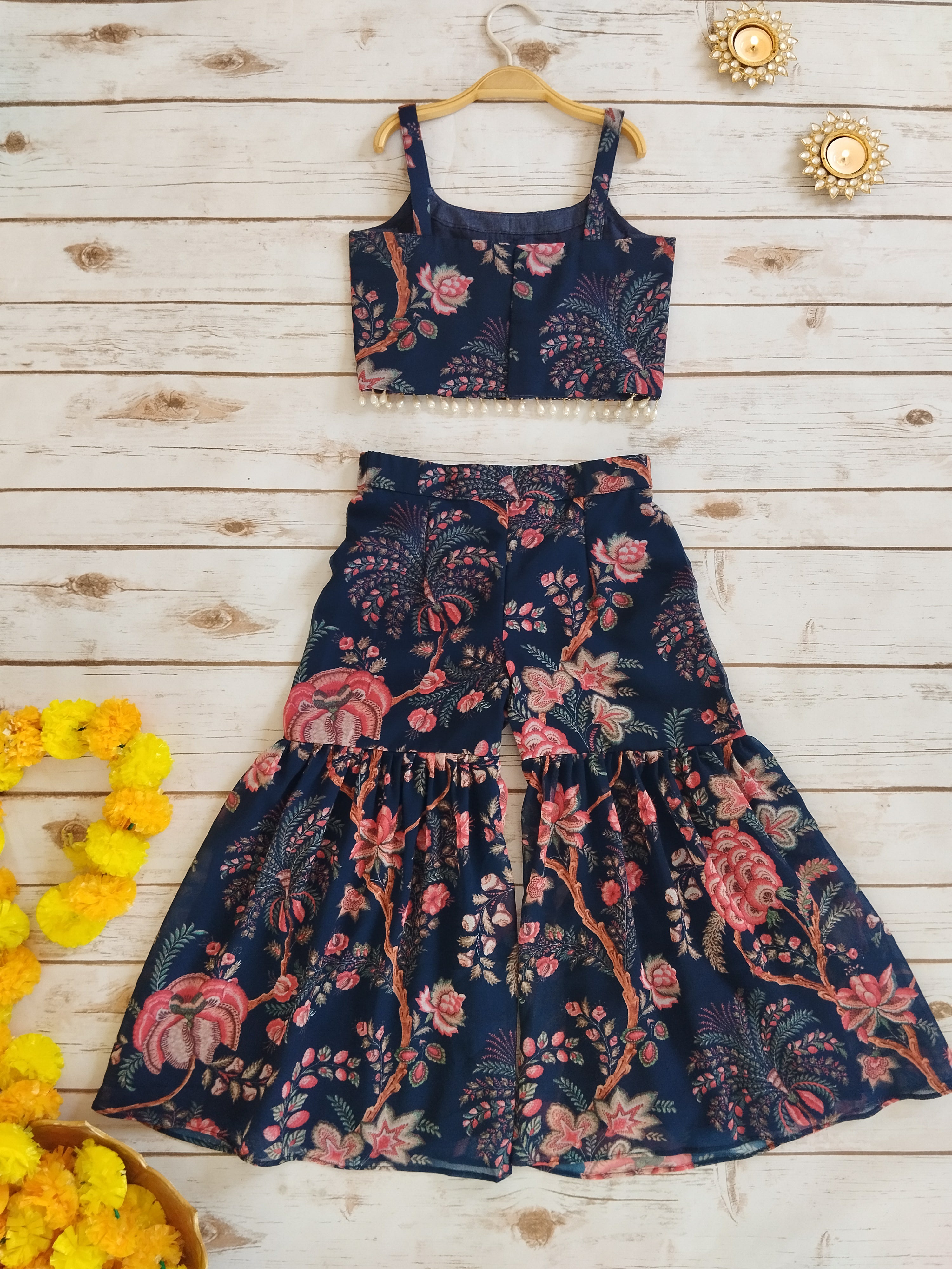 Navy Blue Floral Kids Crop Top & Sharara Set