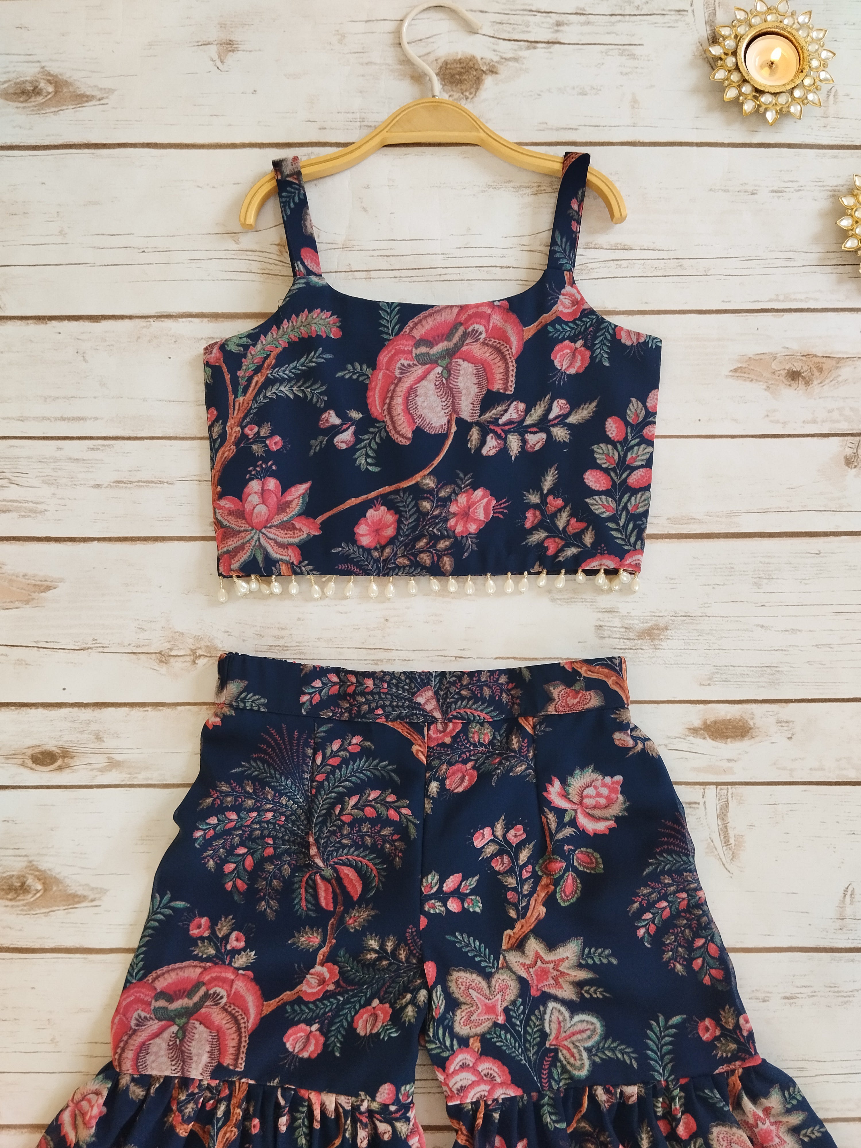 Navy Blue Floral Kids Crop Top & Sharara Set