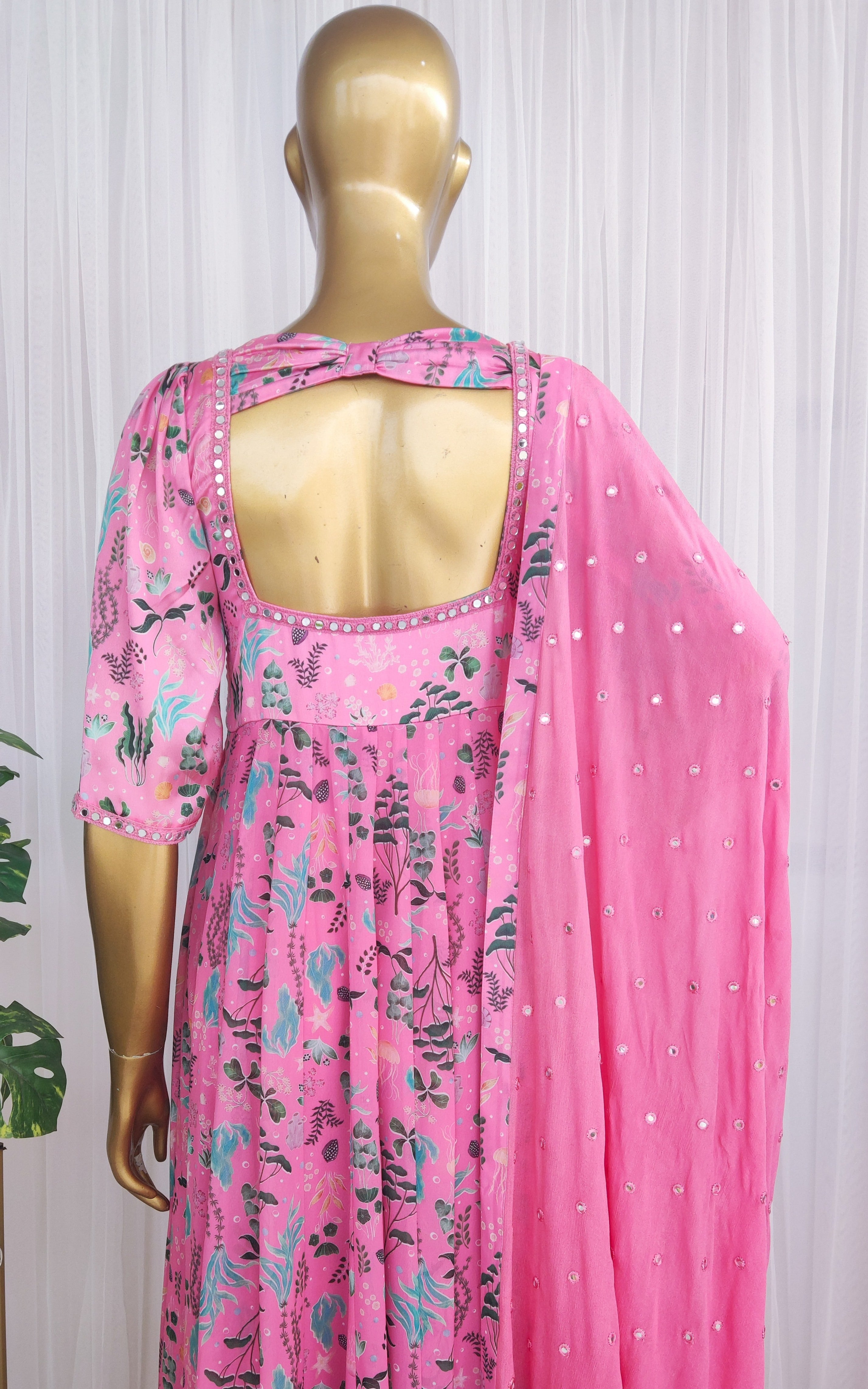 Pink Aquatic Print Georgette Mirrorwork Anarkali