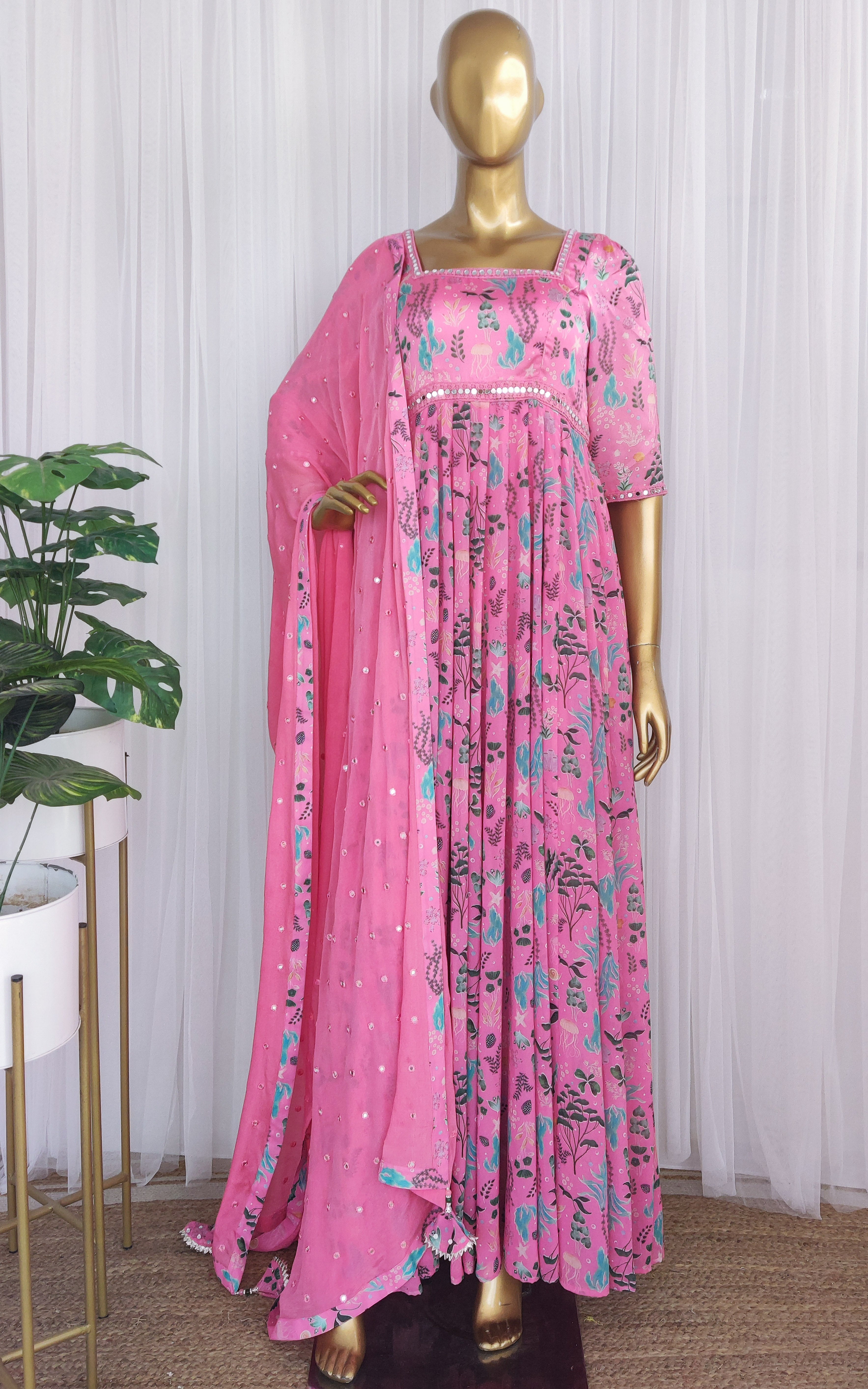 Pink Aquatic Print Georgette Mirrorwork Anarkali