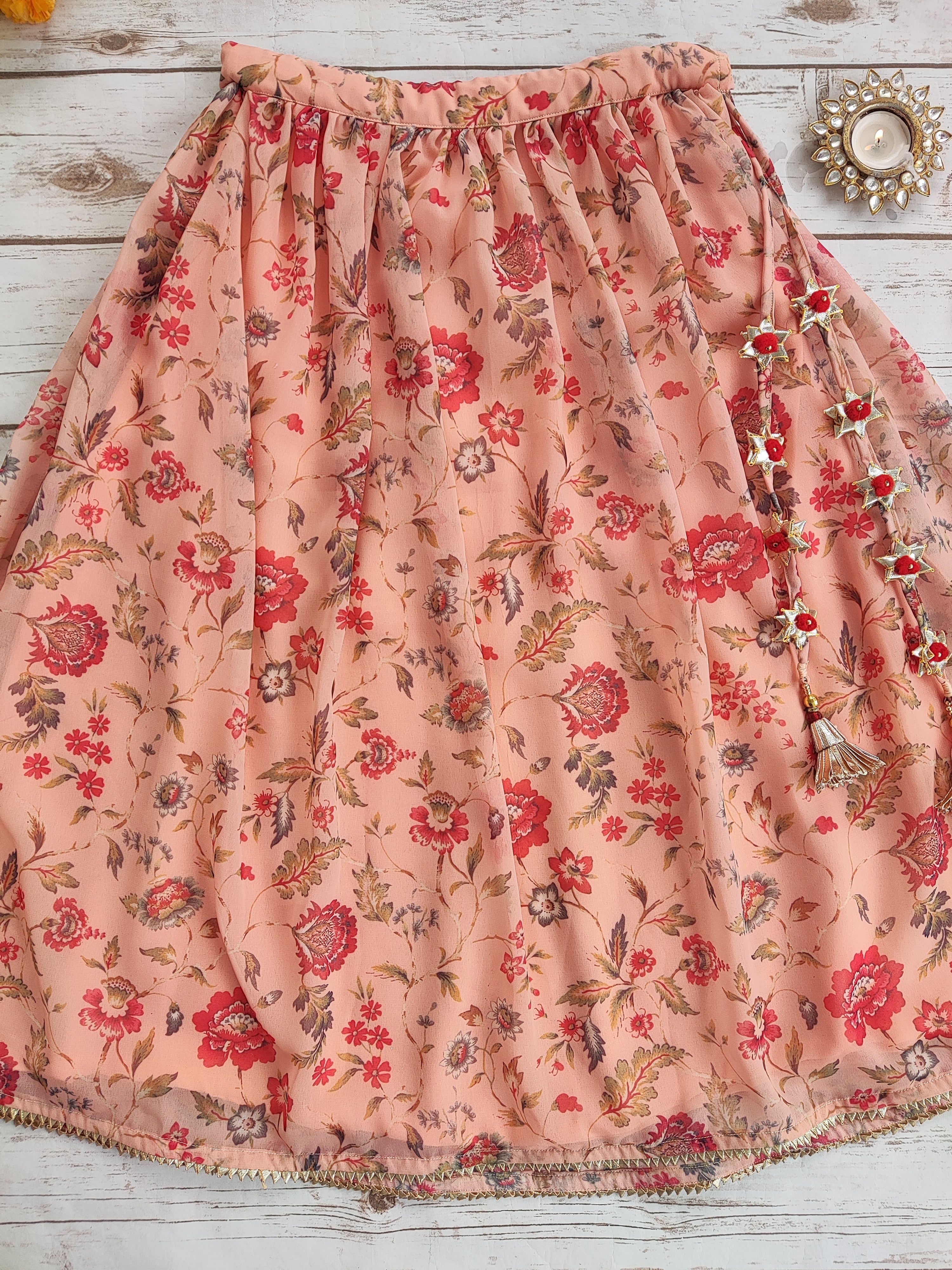 Peach Floral Georgette Kid's Lehenga With One-Shoulder Blouse