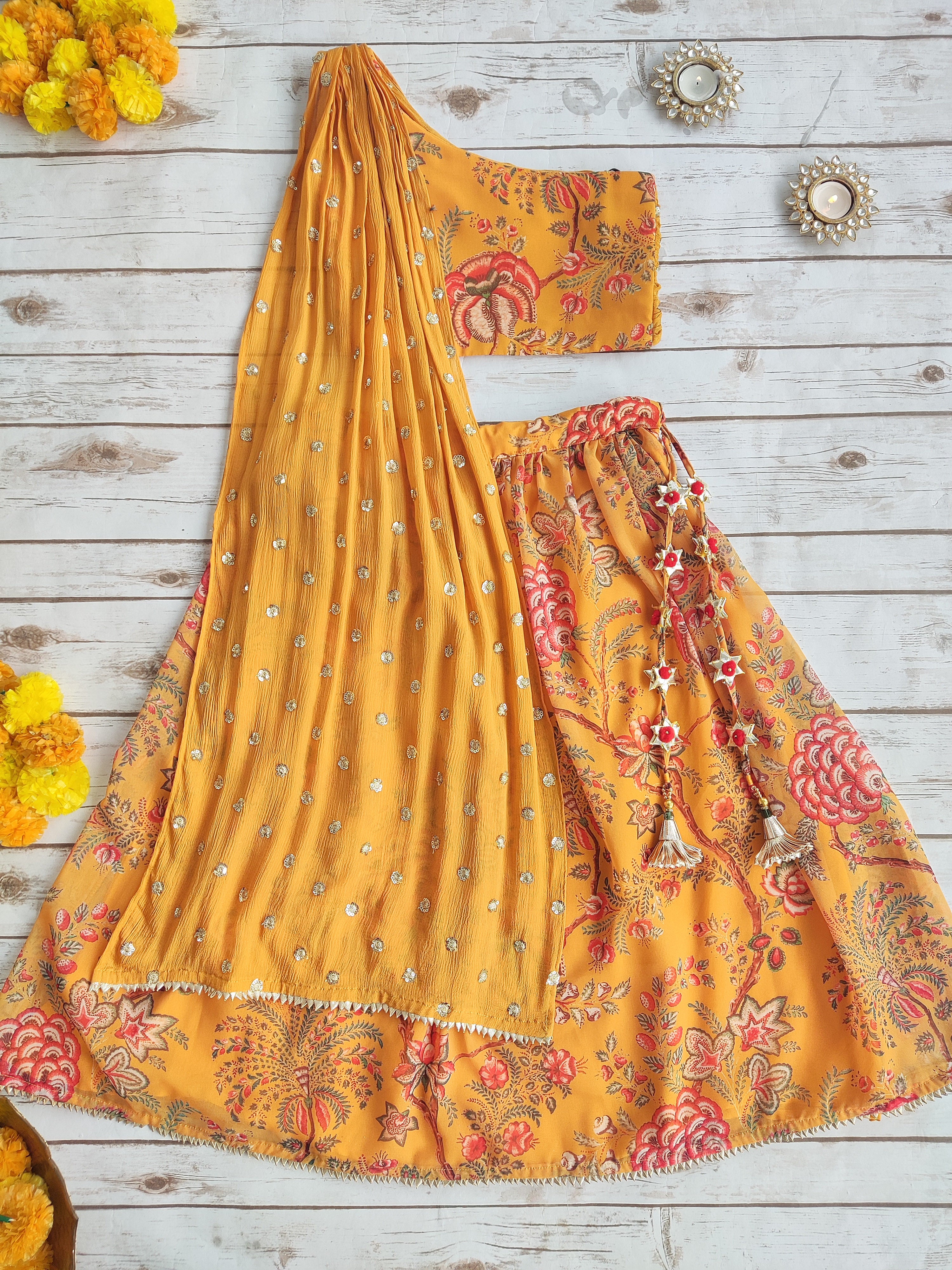 Mustard Floral Georgette Print Kid's Lehenga With One-Shoulder Blouse