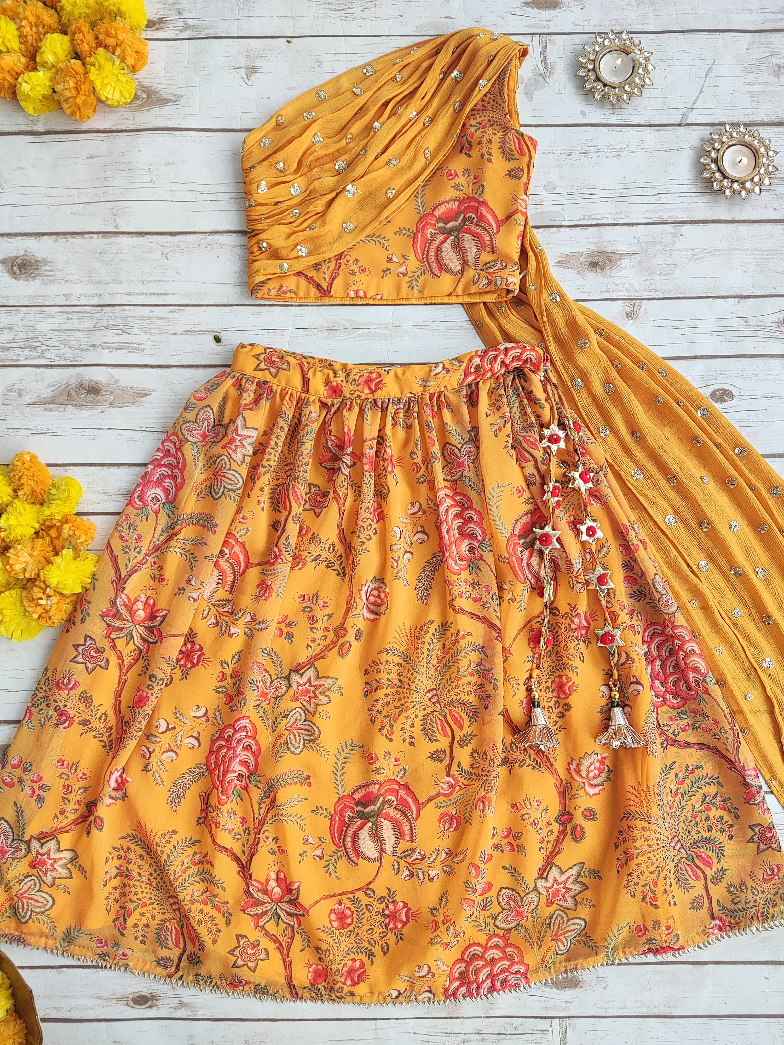 Mustard Floral Georgette Print Kid's Lehenga With One-Shoulder Blouse