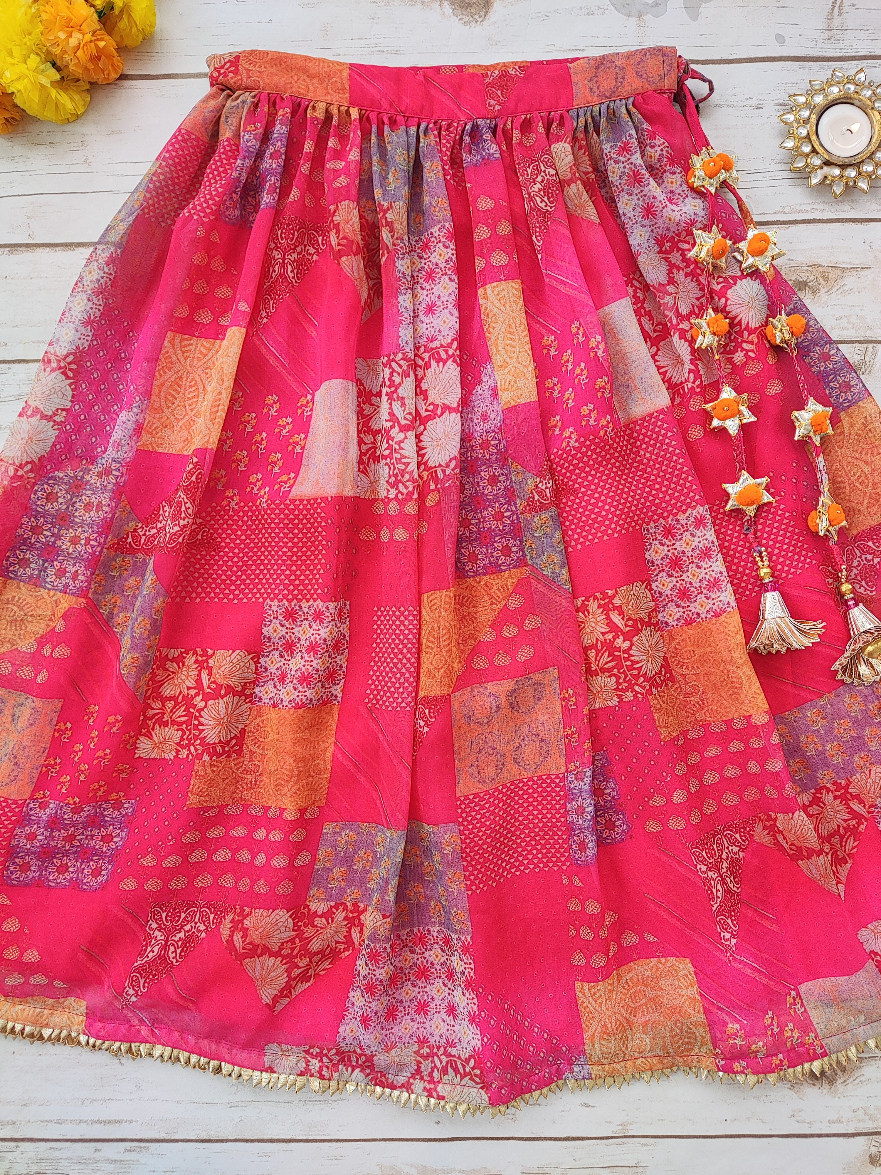 Hot Pink Georgette Kid's Lehenga With One-Shoulder Blouse