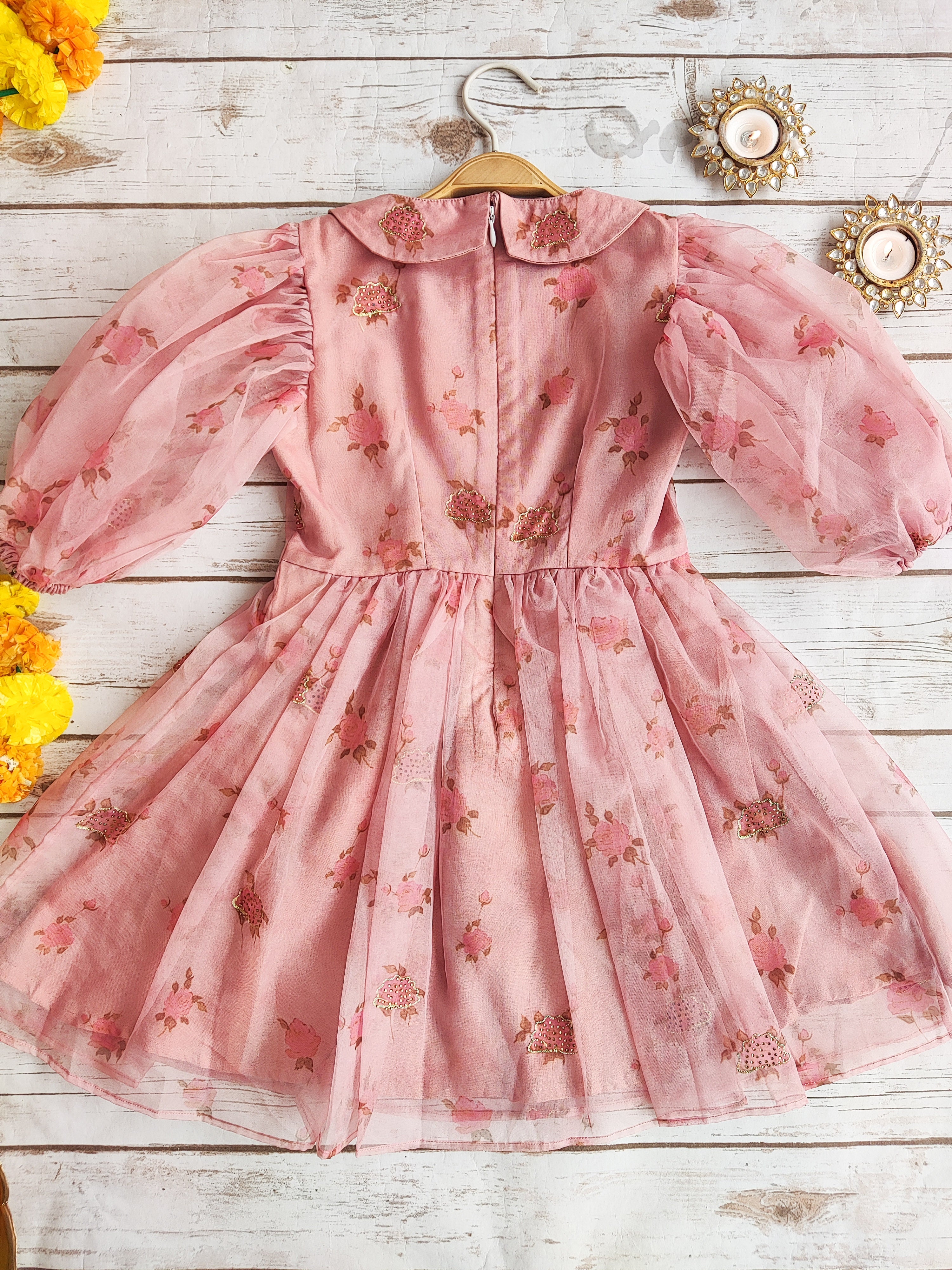 Light Pink Rose Print Kids Organza Dress