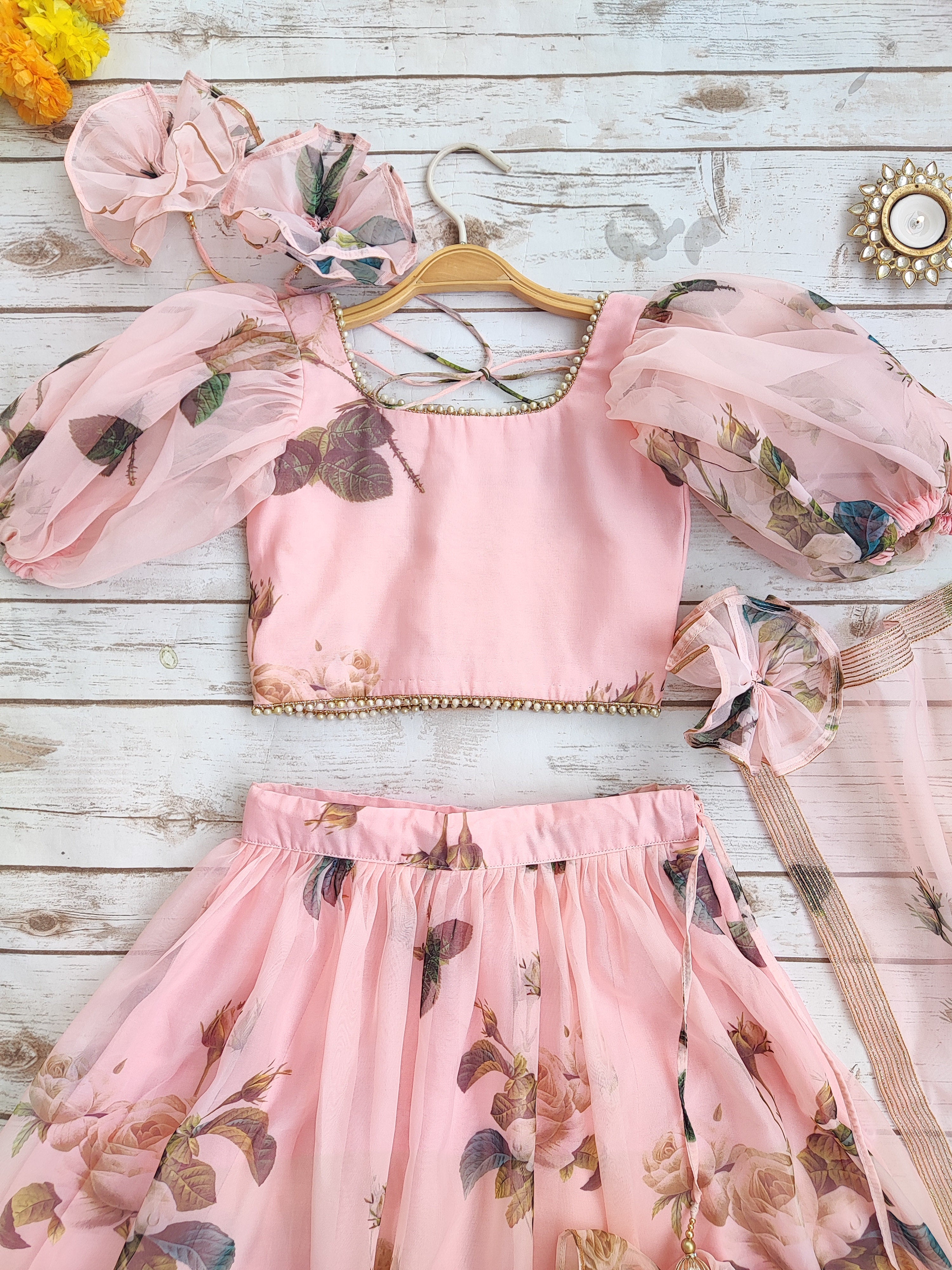 Peach Floral Organza Kids Lehenga