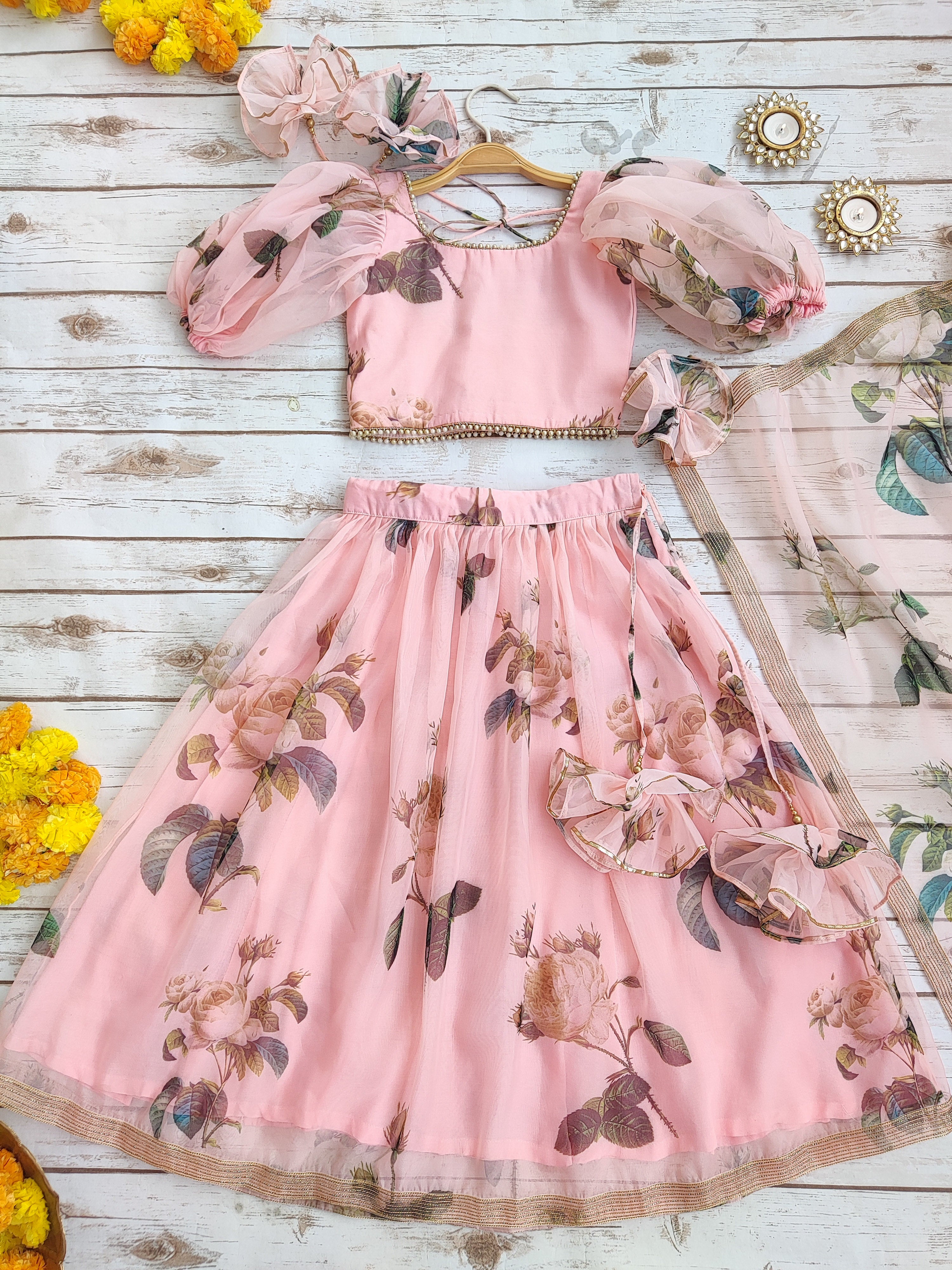 Peach Floral Organza Kids Lehenga