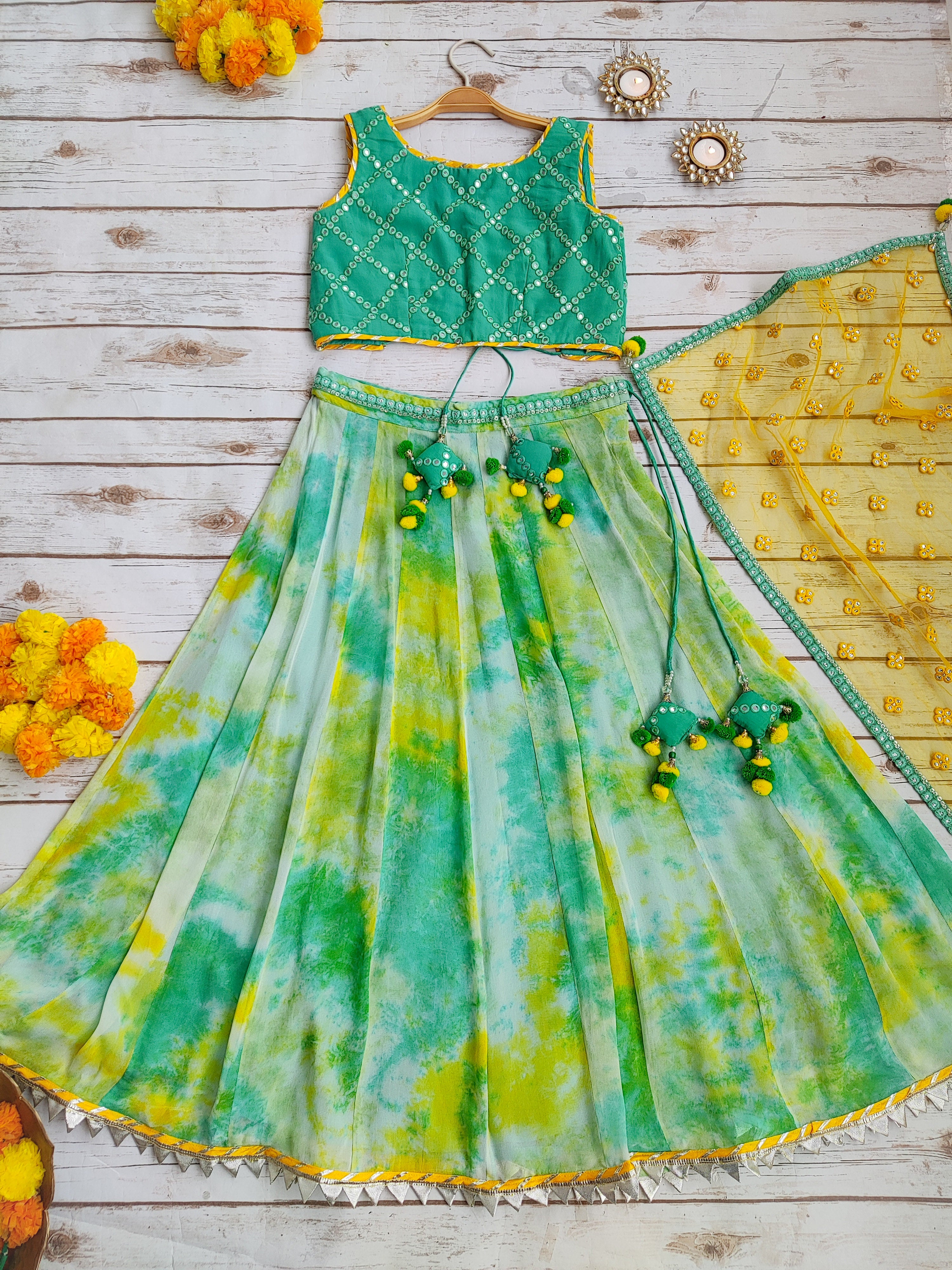 Mint Blue Shibori Kids Lehenga with Mirrorwork Dupatta