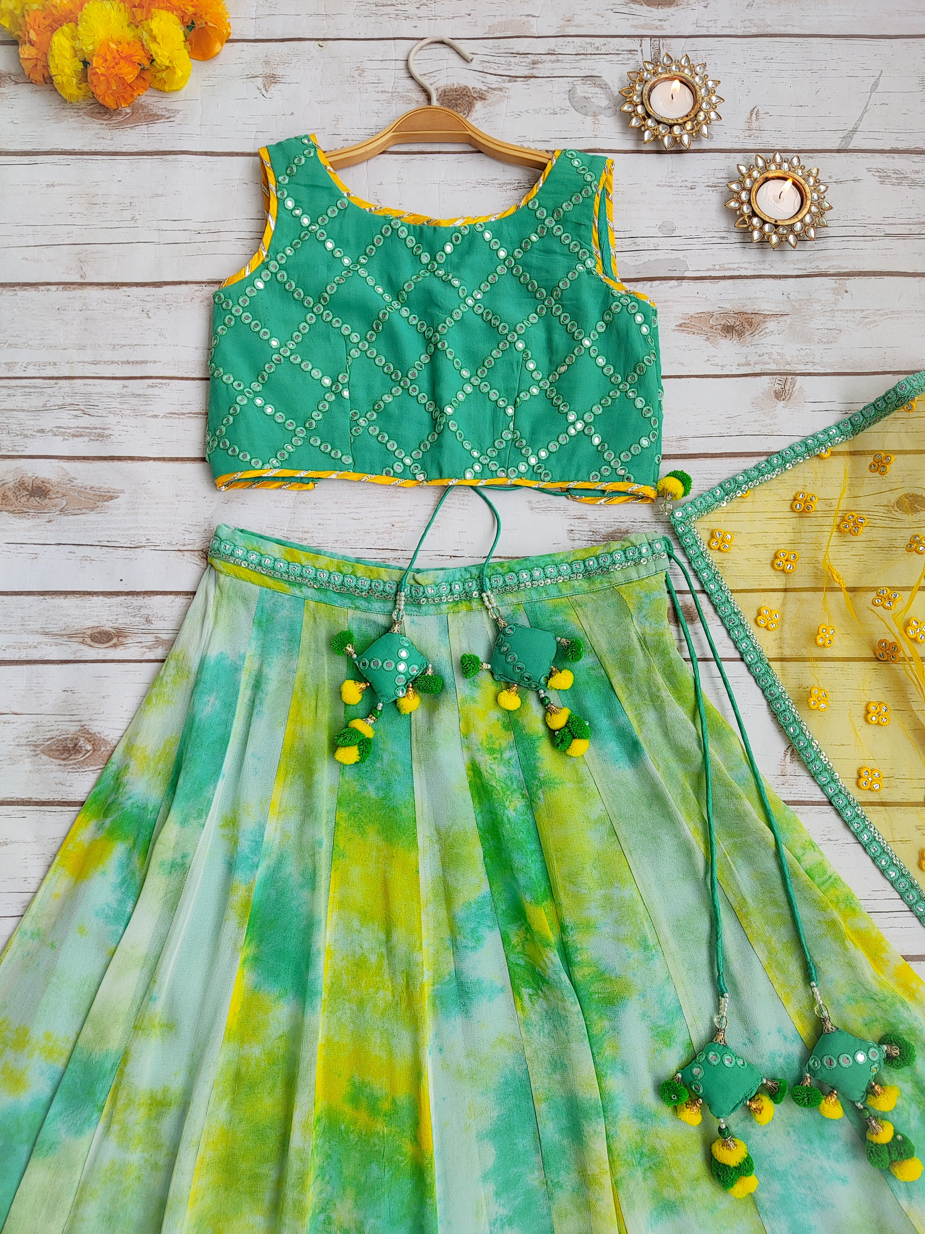 Mint Blue Shibori Kids Lehenga with Mirrorwork Dupatta