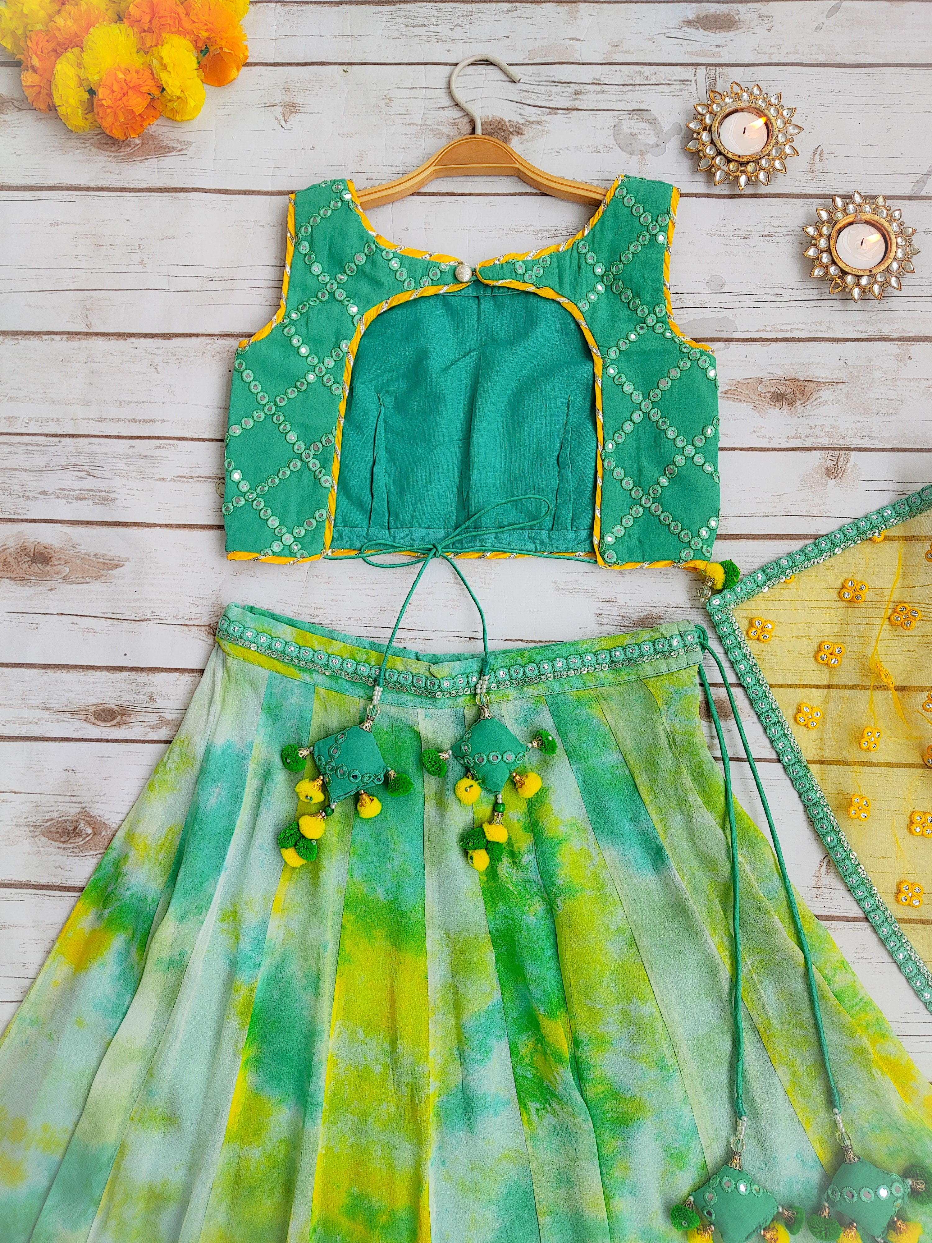 Mint Blue Shibori Kids Lehenga with Mirrorwork Dupatta