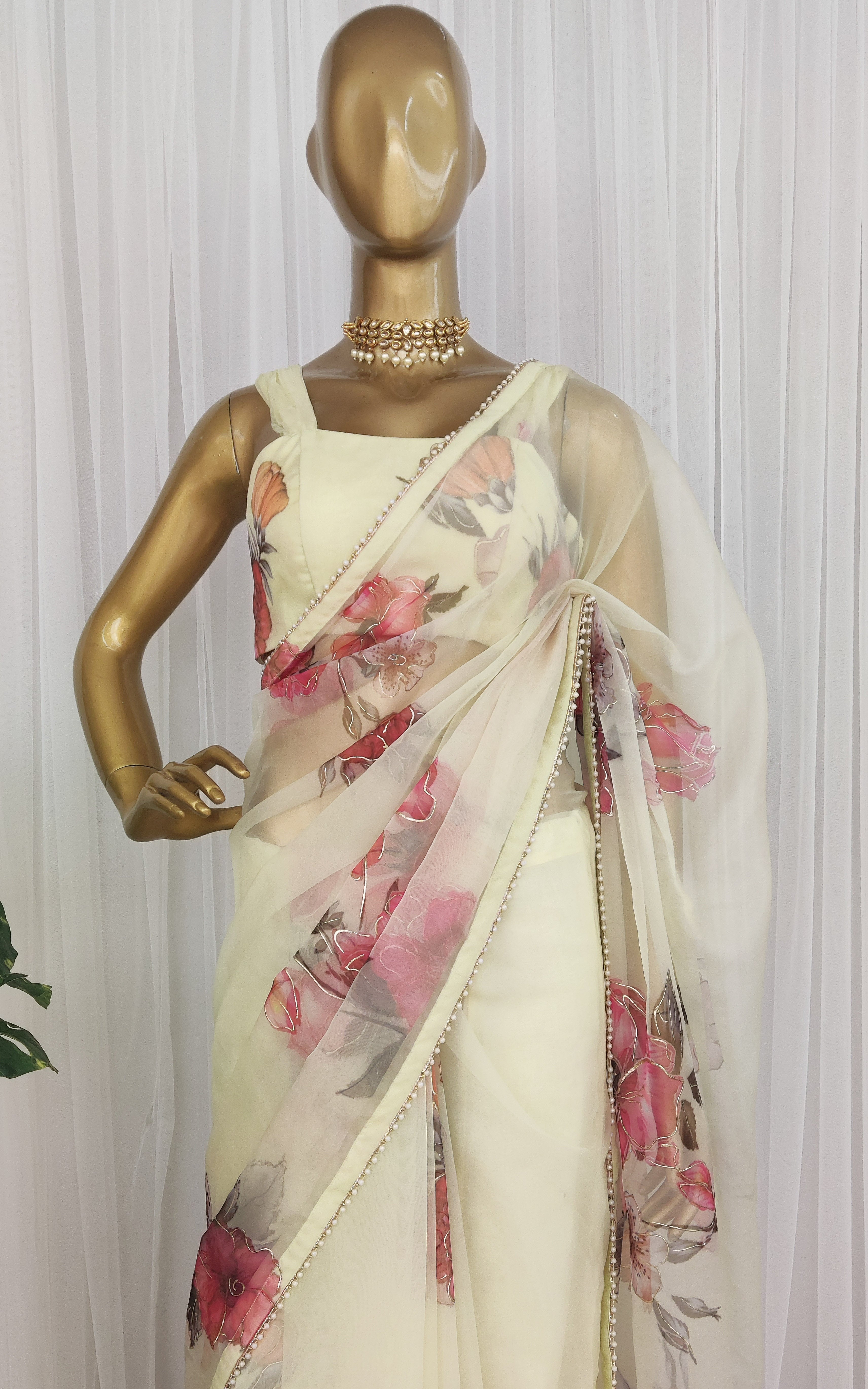 Lime Rose Handpainted Floral Organza Saree