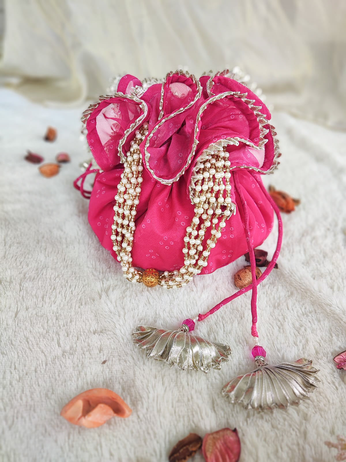 Rani Bandhej Organza Round Potli Bag