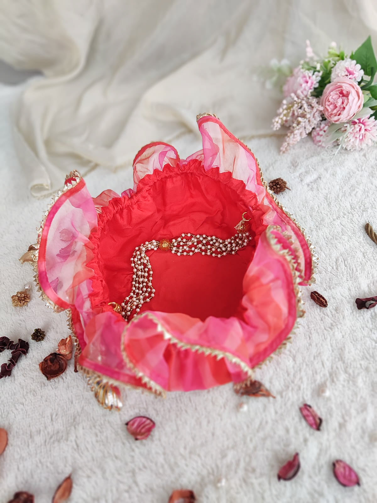 Pink & Red Leheriya Organza Round Potli Bag