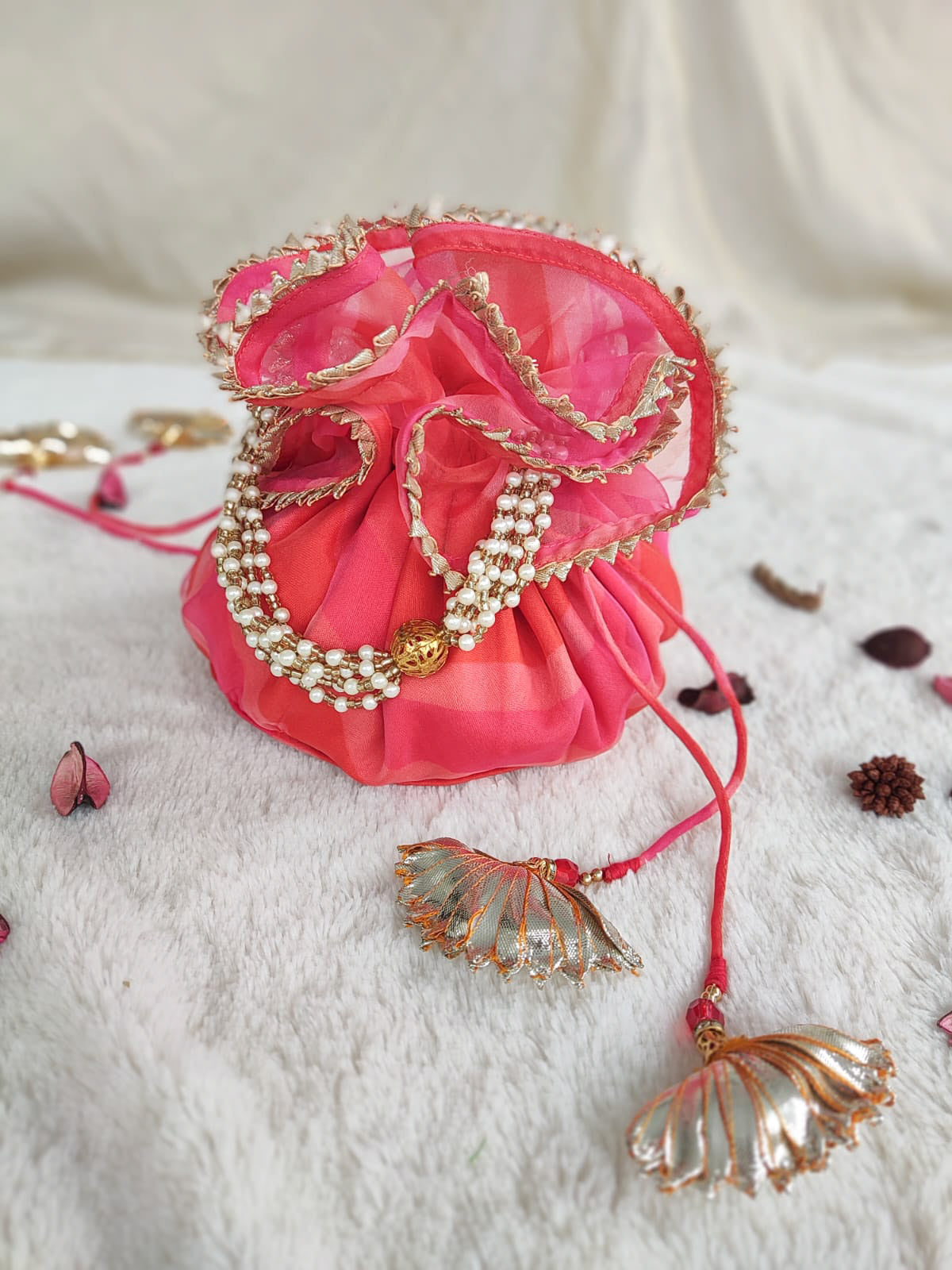 Pink & Red Leheriya Organza Round Potli Bag