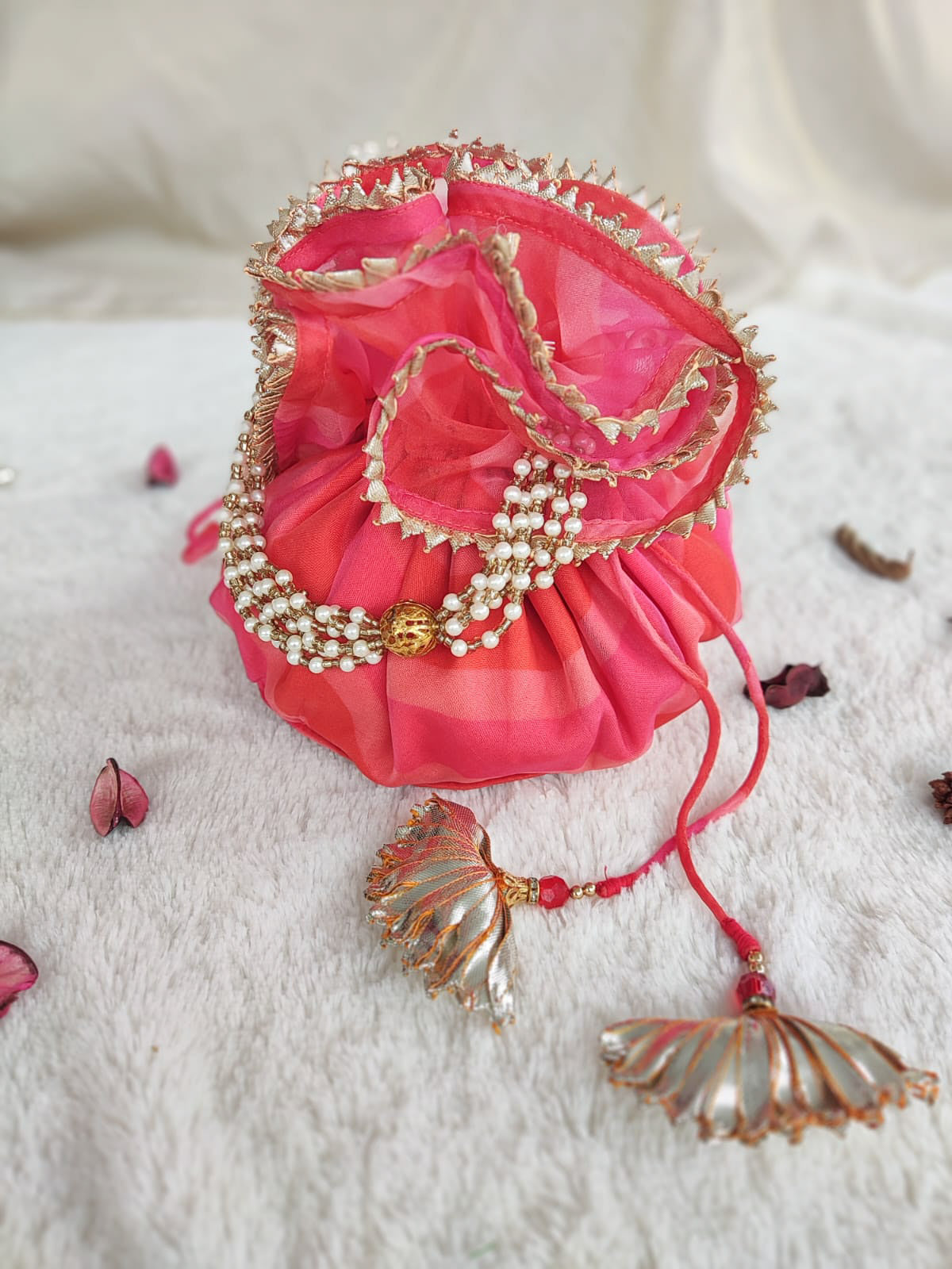 Pink & Red Leheriya Organza Round Potli Bag