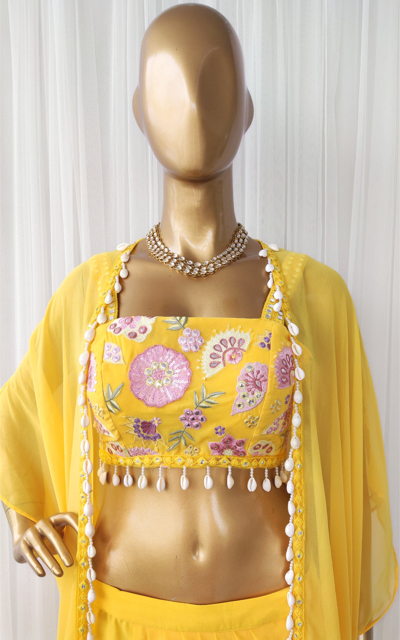 Yellow Embroidered Crop Top & Draped Skirt Set