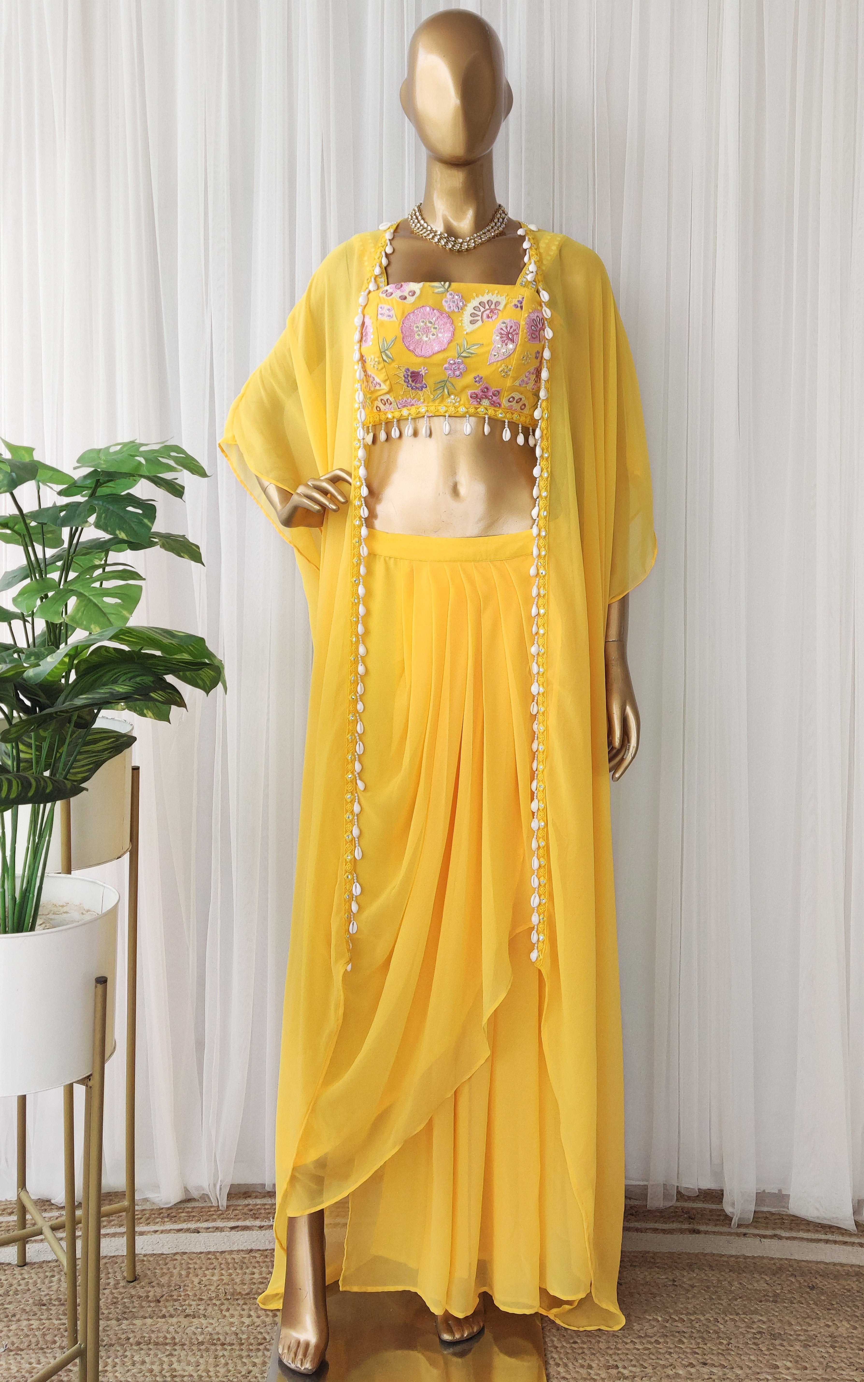 Yellow Embroidered Crop Top & Draped Skirt Set