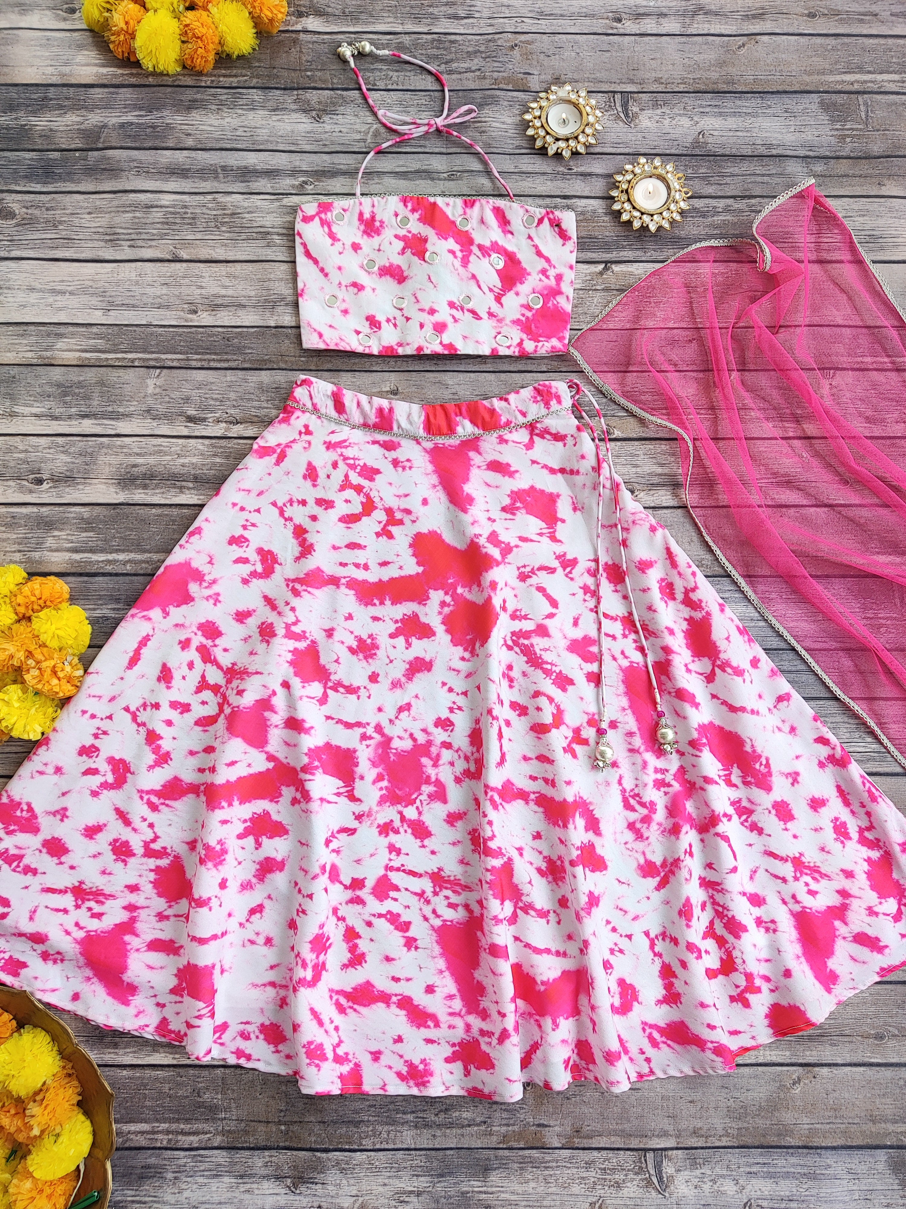 Pink Shibori Mirrorwork Kid's lehenga