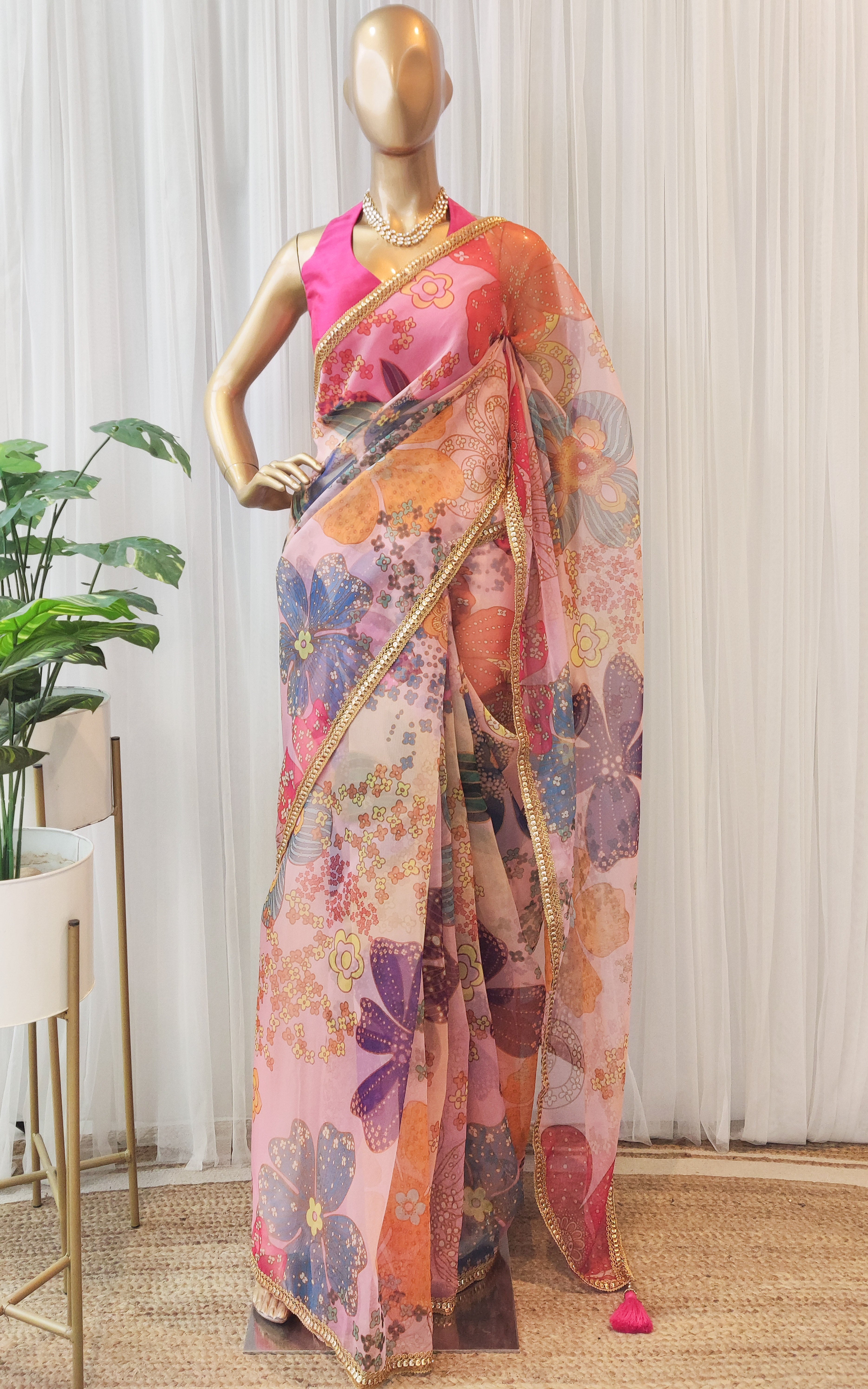 Vintage Pink Multi Color Floral Organza Saree