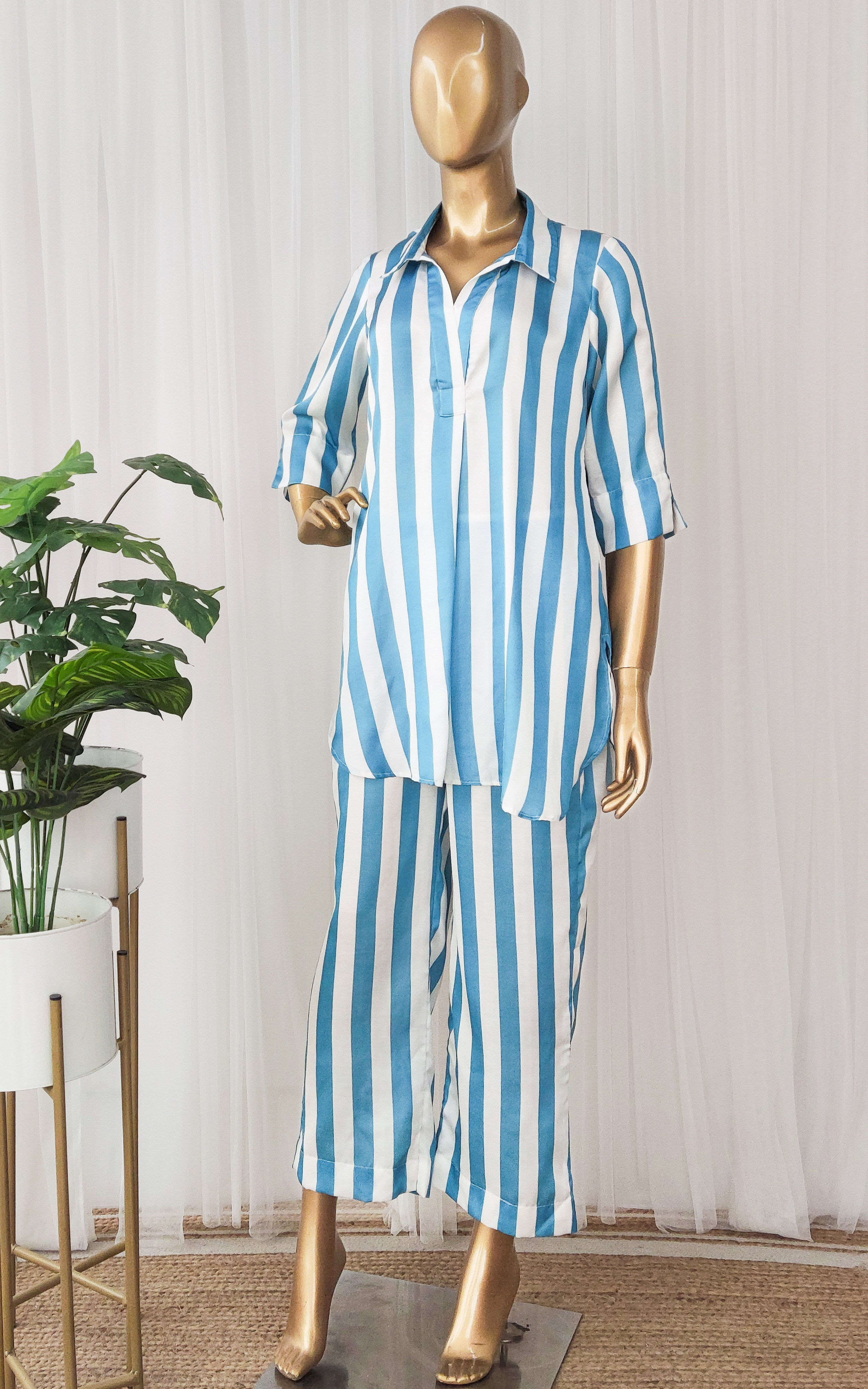 Teal Blue Striped Co-Ord Set