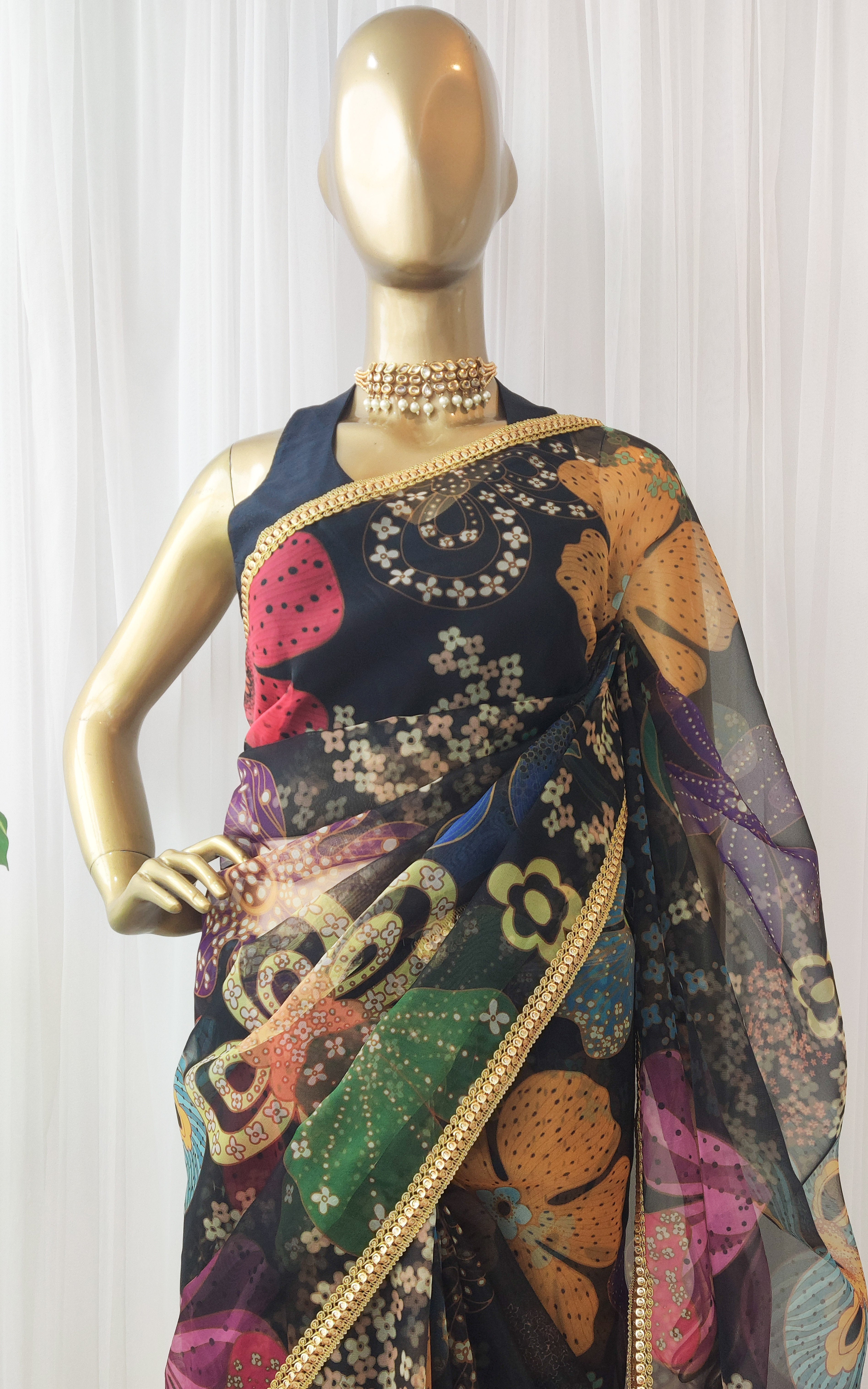 Black Multicolor Floral Organza Saree