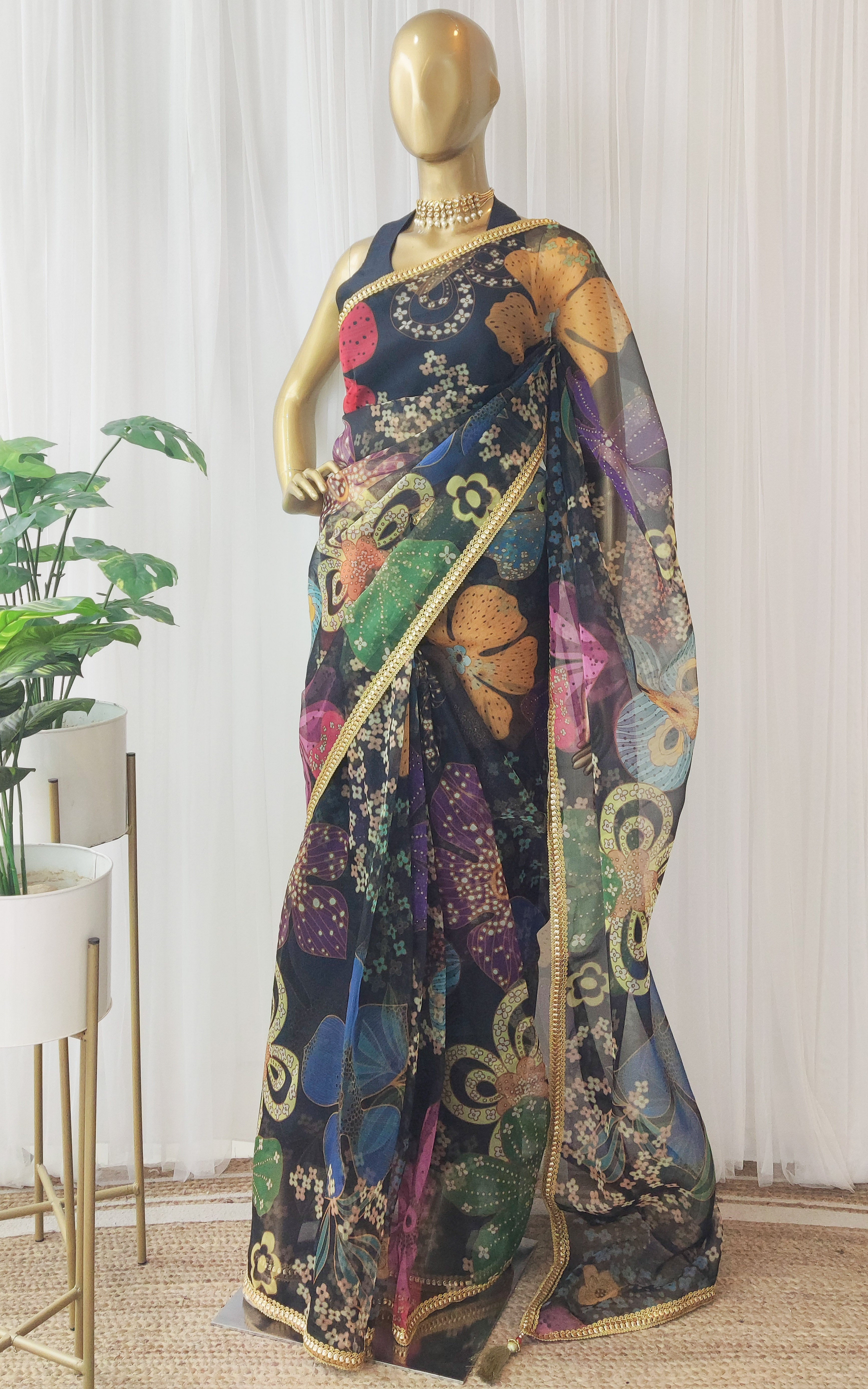 Black Multicolor Floral Organza Saree