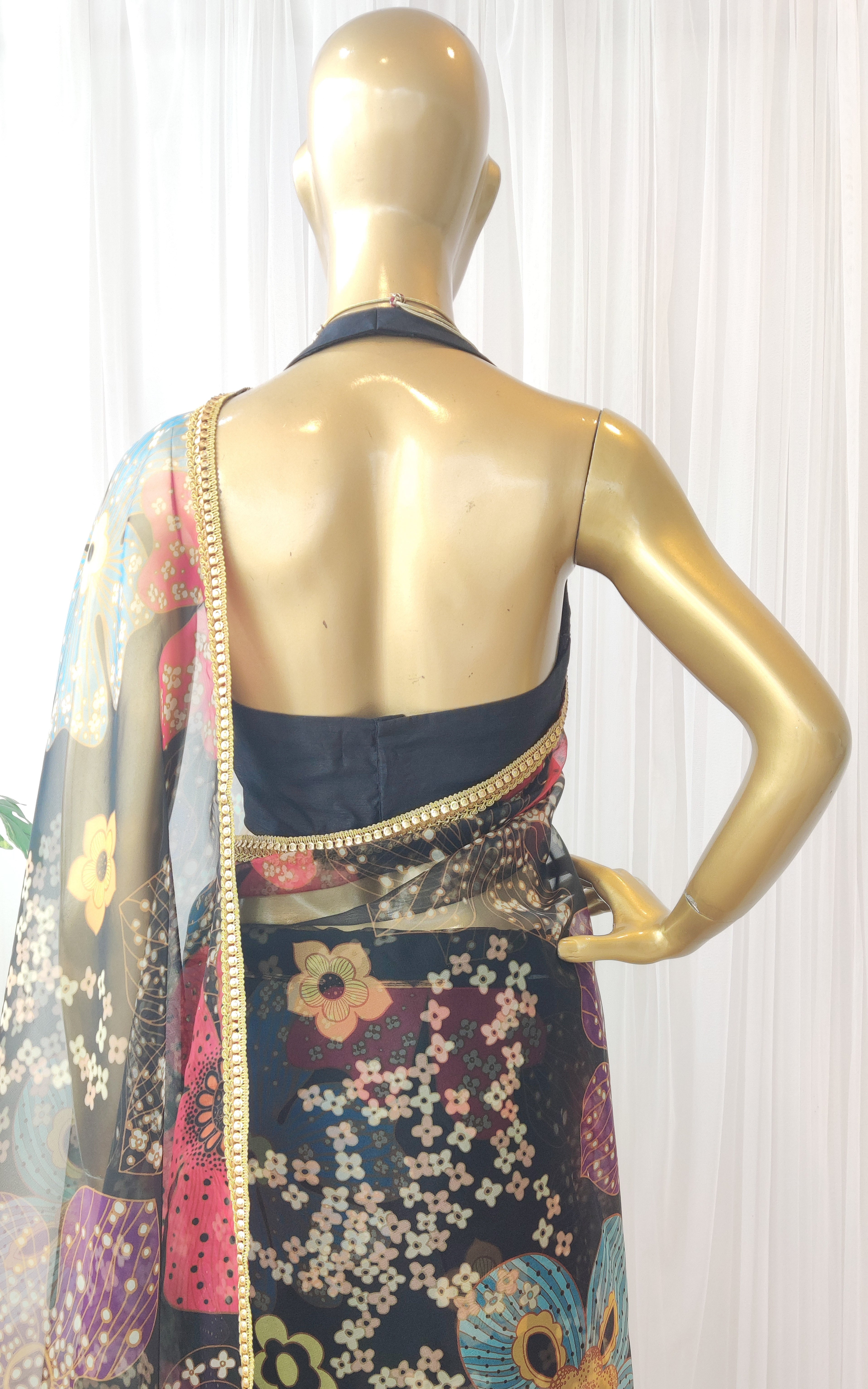 Black Multicolor Floral Organza Saree