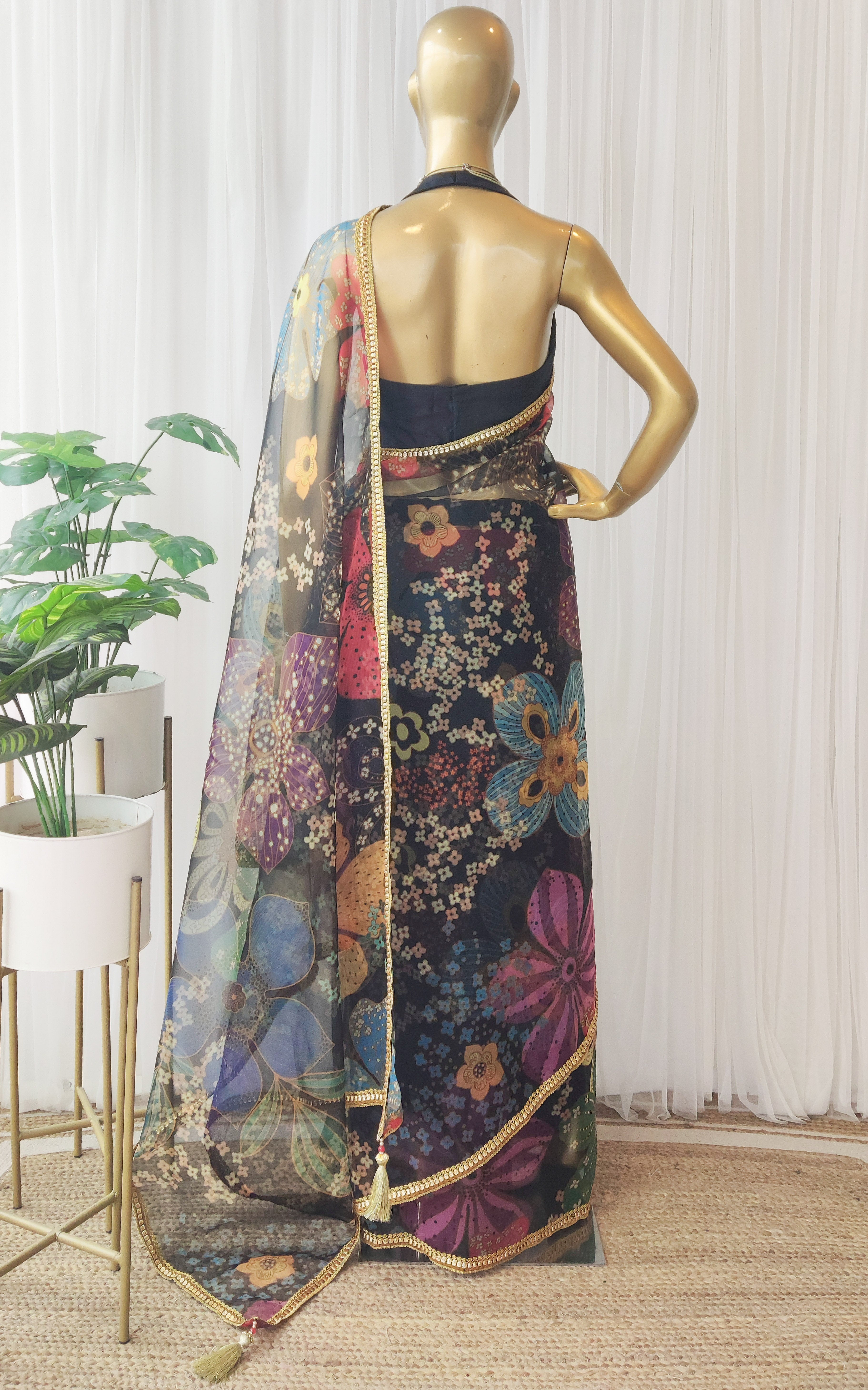 Black Multicolor Floral Organza Saree