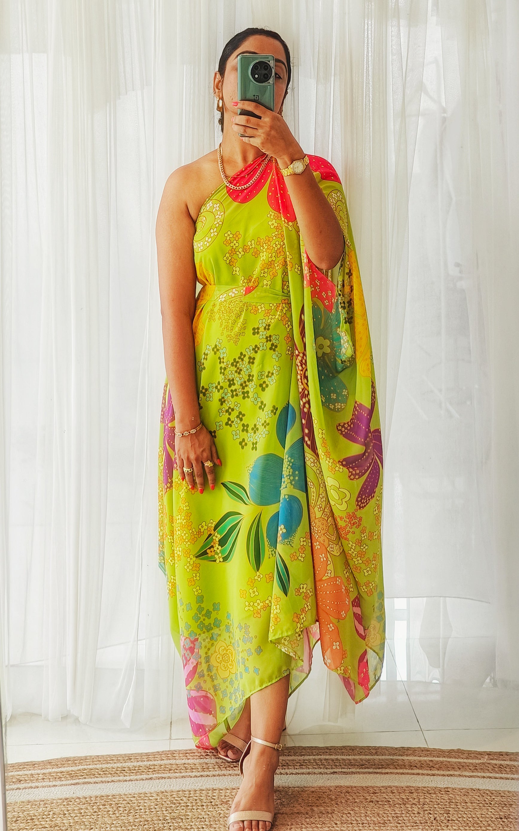 Green Floral Georgette One-Shoulder Draped Dress