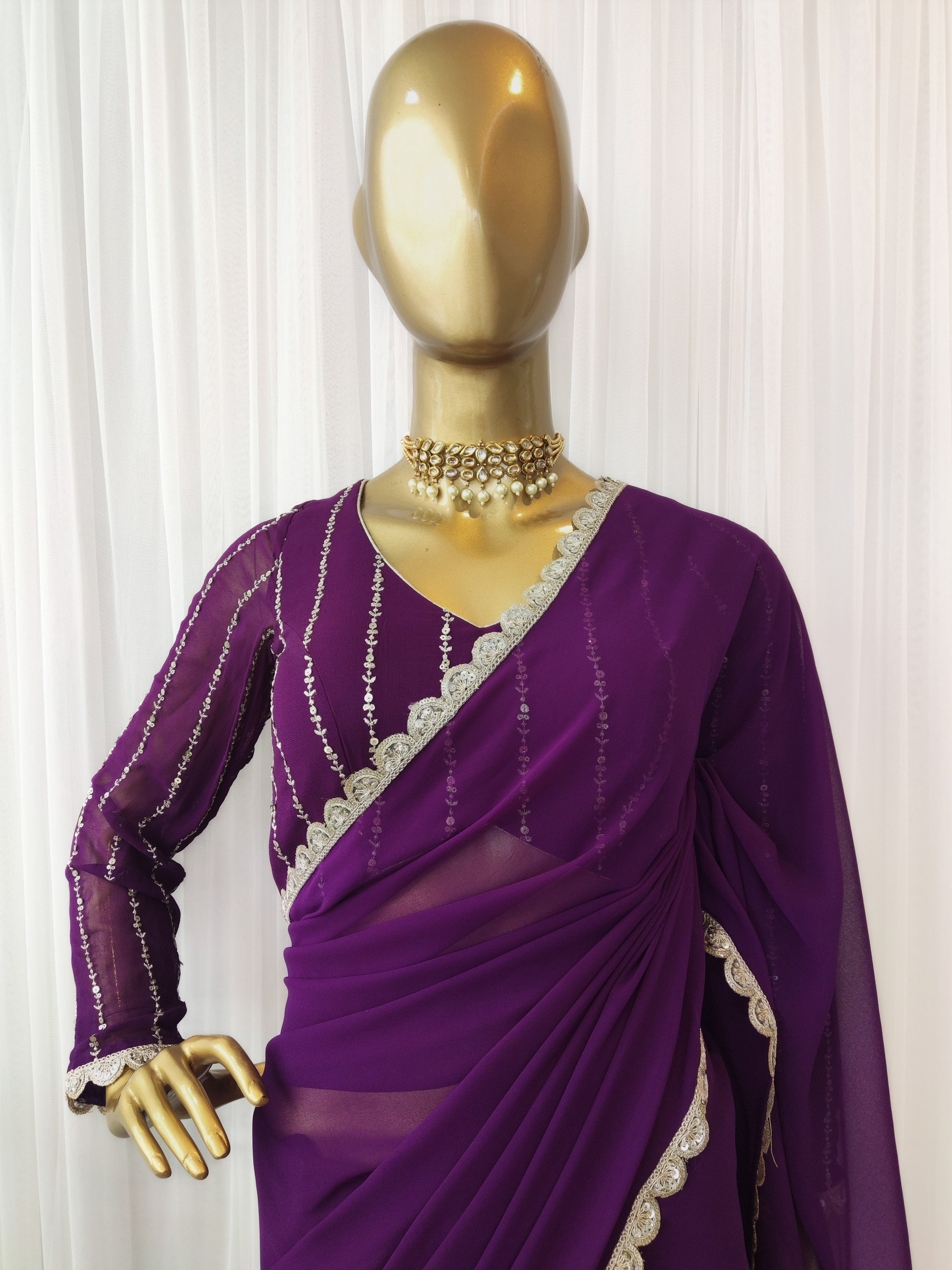 Purple Georgette Zari Work Saree