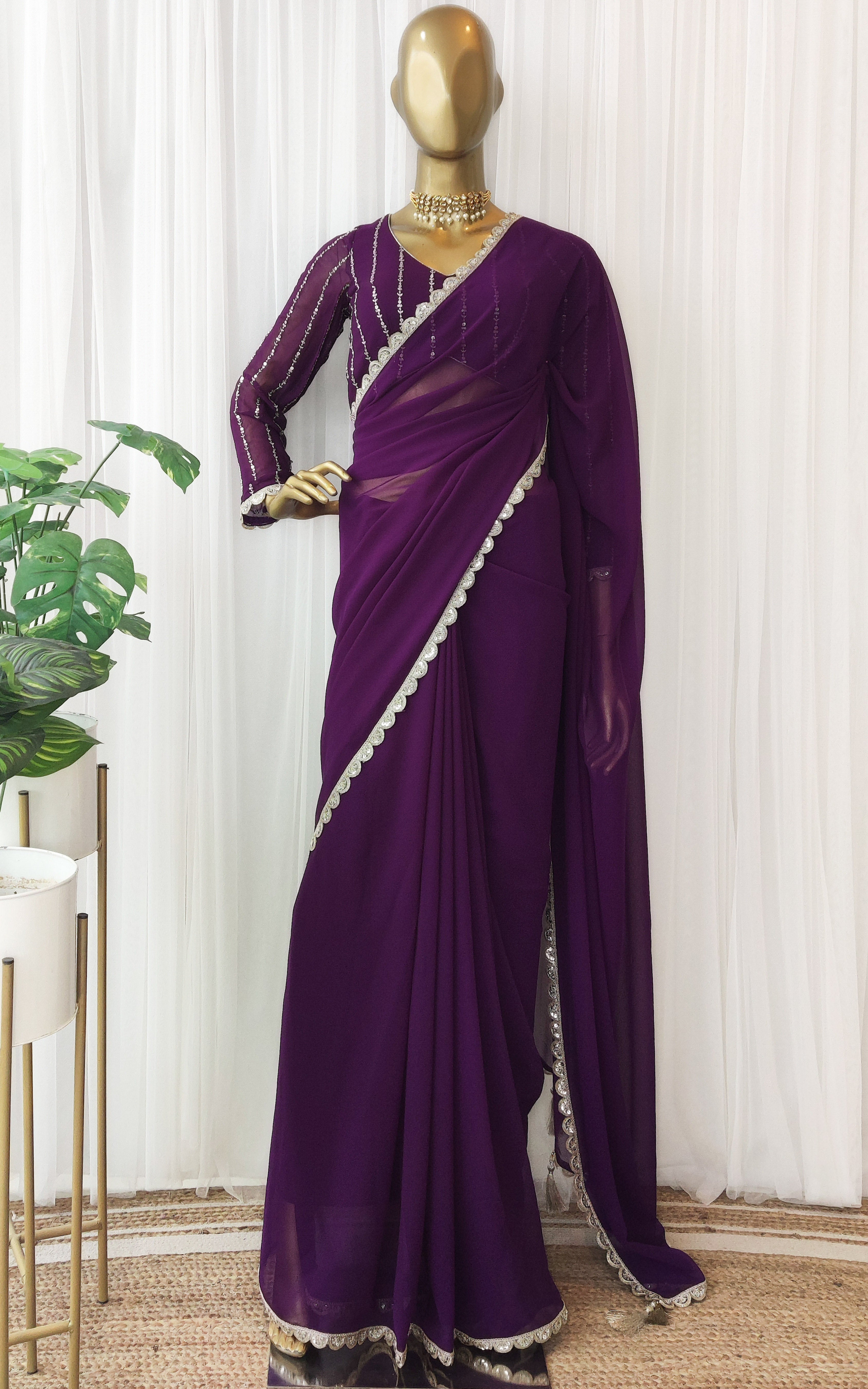 Purple Georgette Zari Work Saree