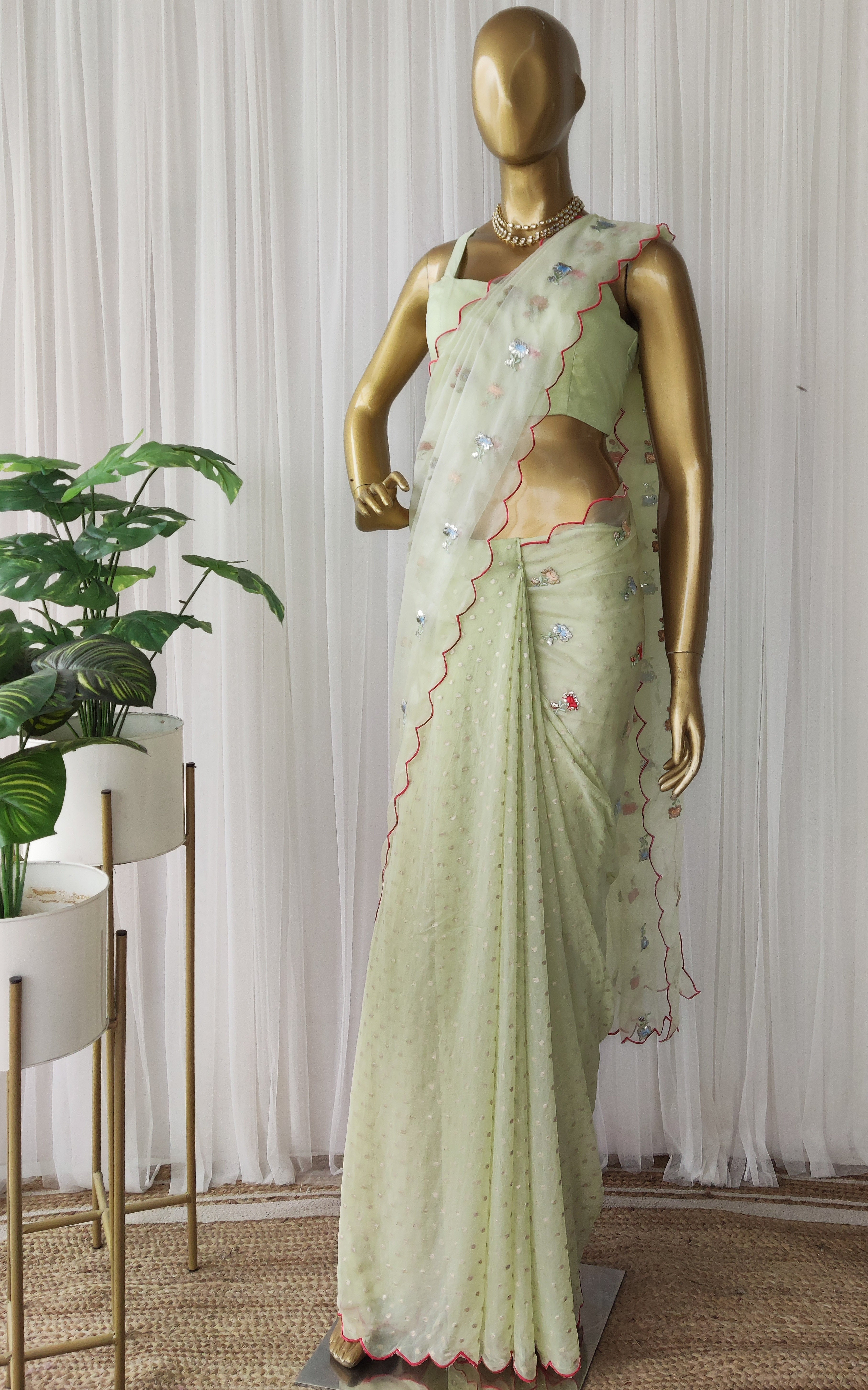 Tea Green Embroidered Half-half Organza Saree