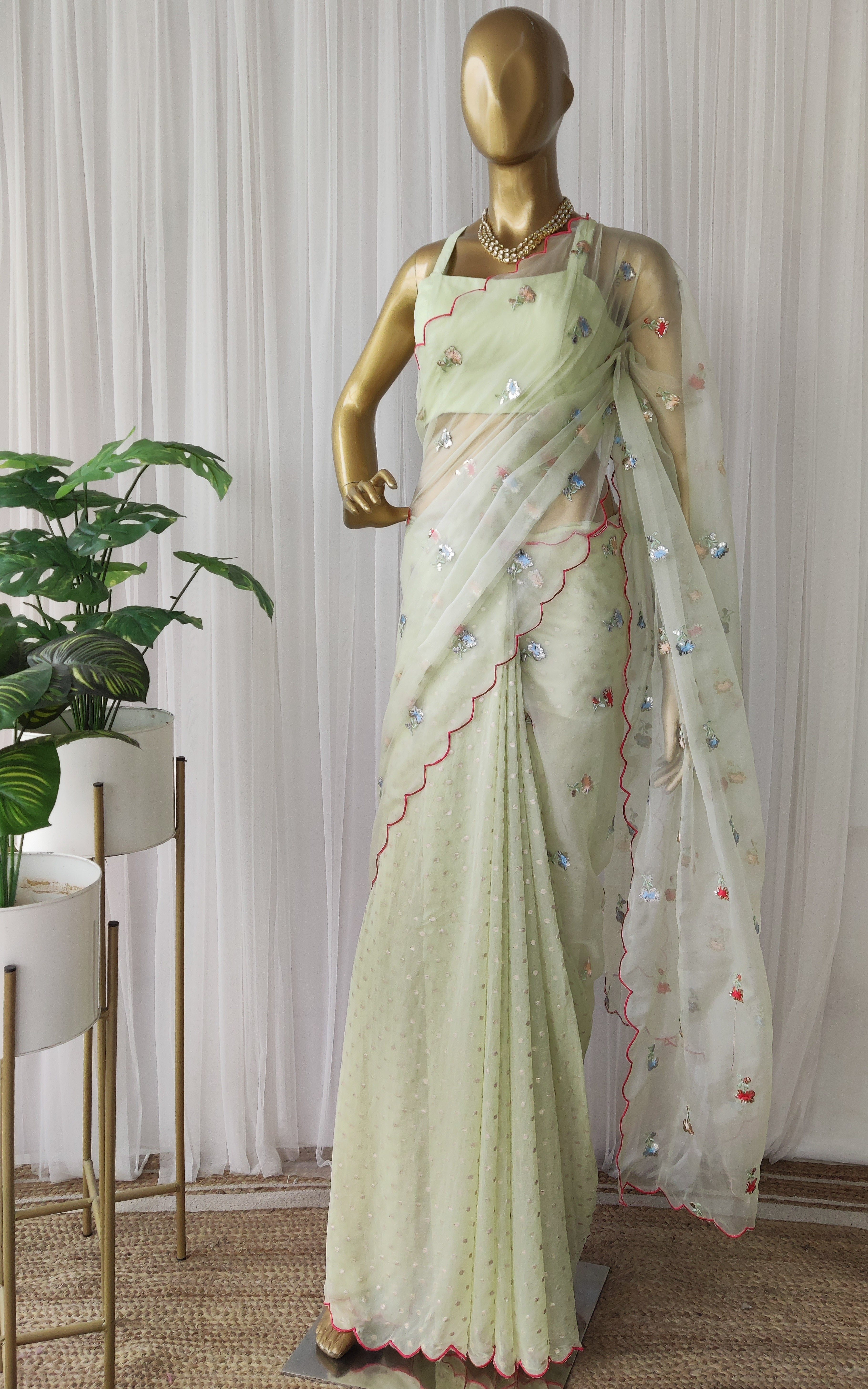 Tea Green Embroidered Half-half Organza Saree