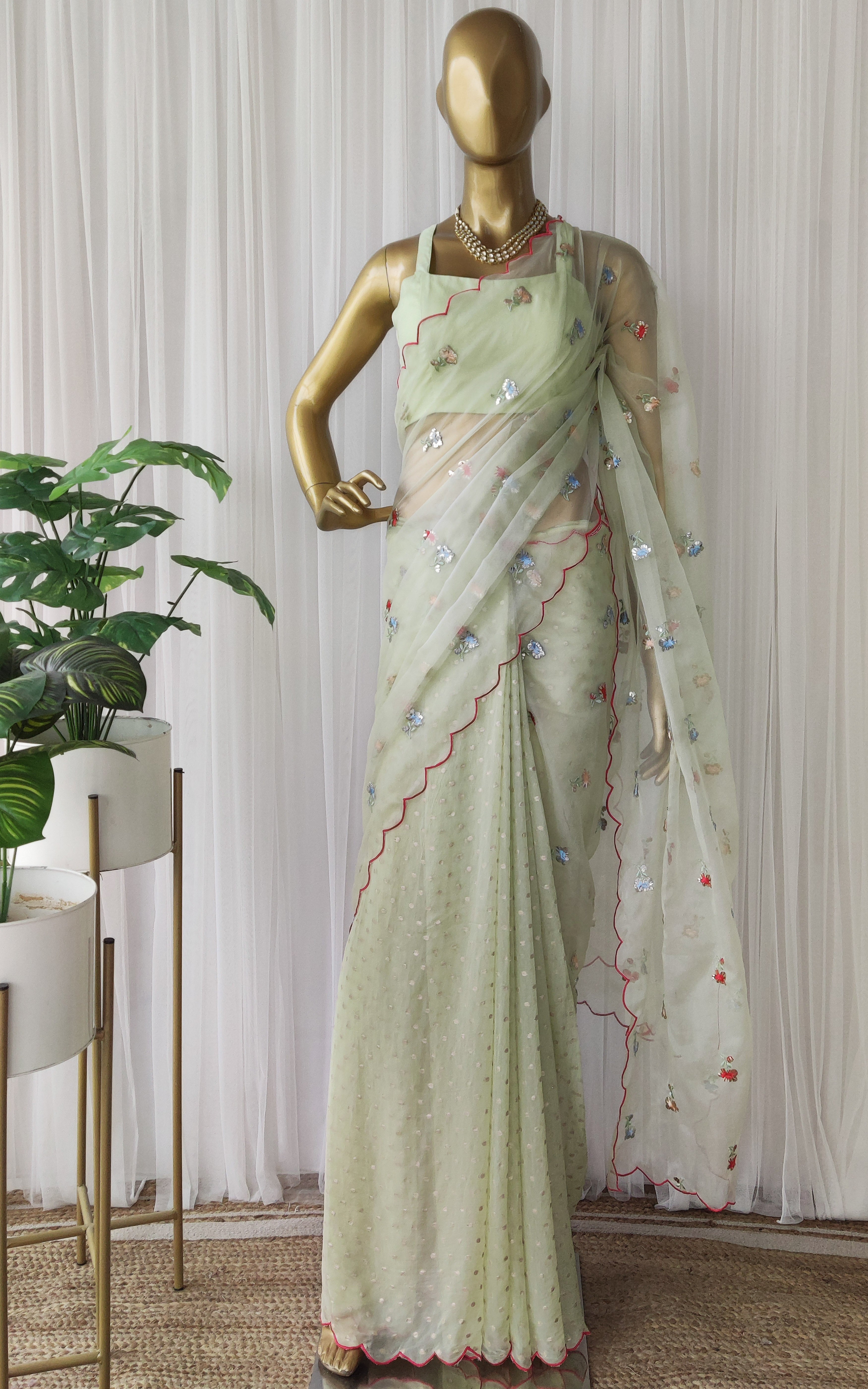 Tea Green Embroidered Half-half Organza Saree