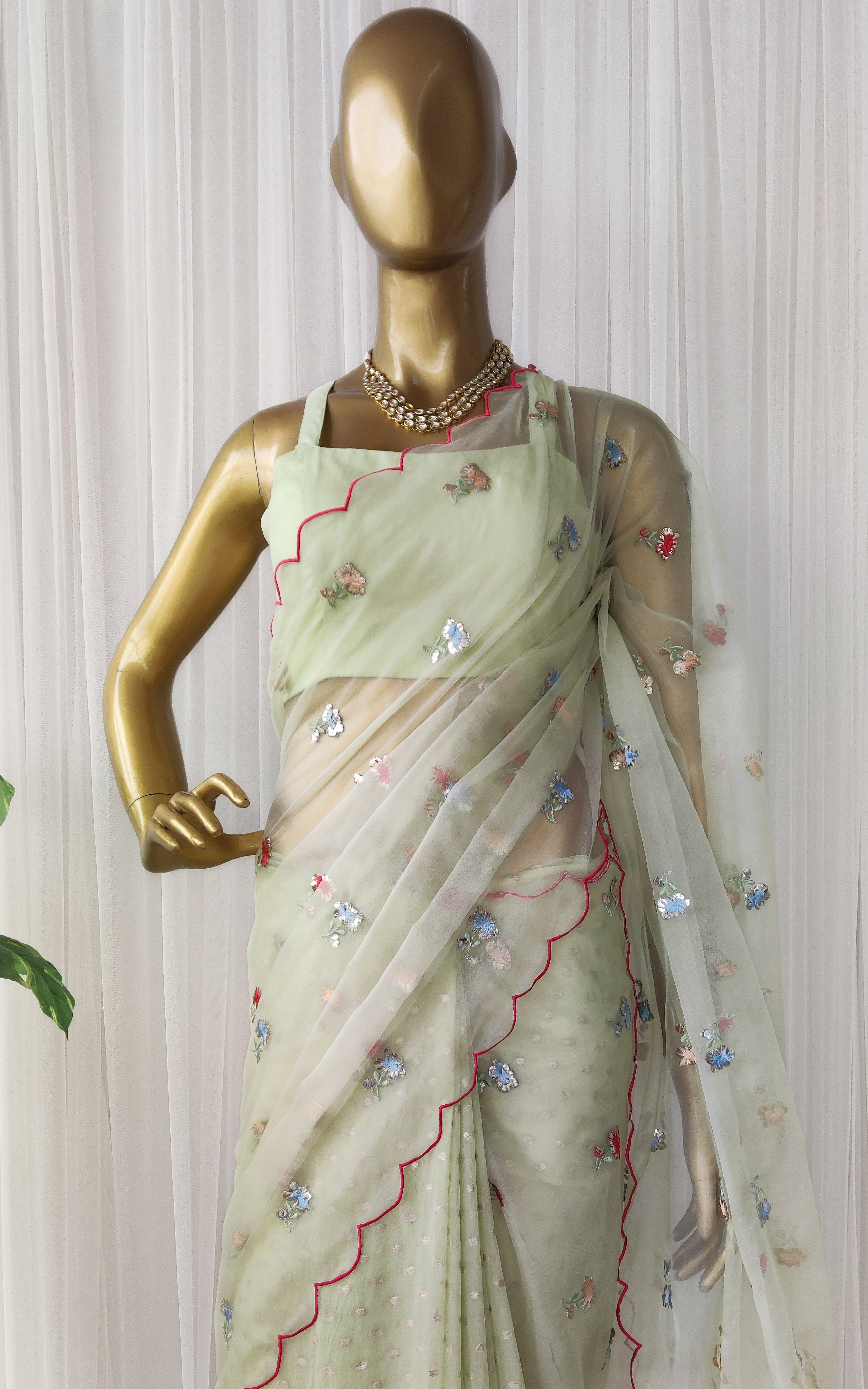 Tea Green Embroidered Half-half Organza Saree