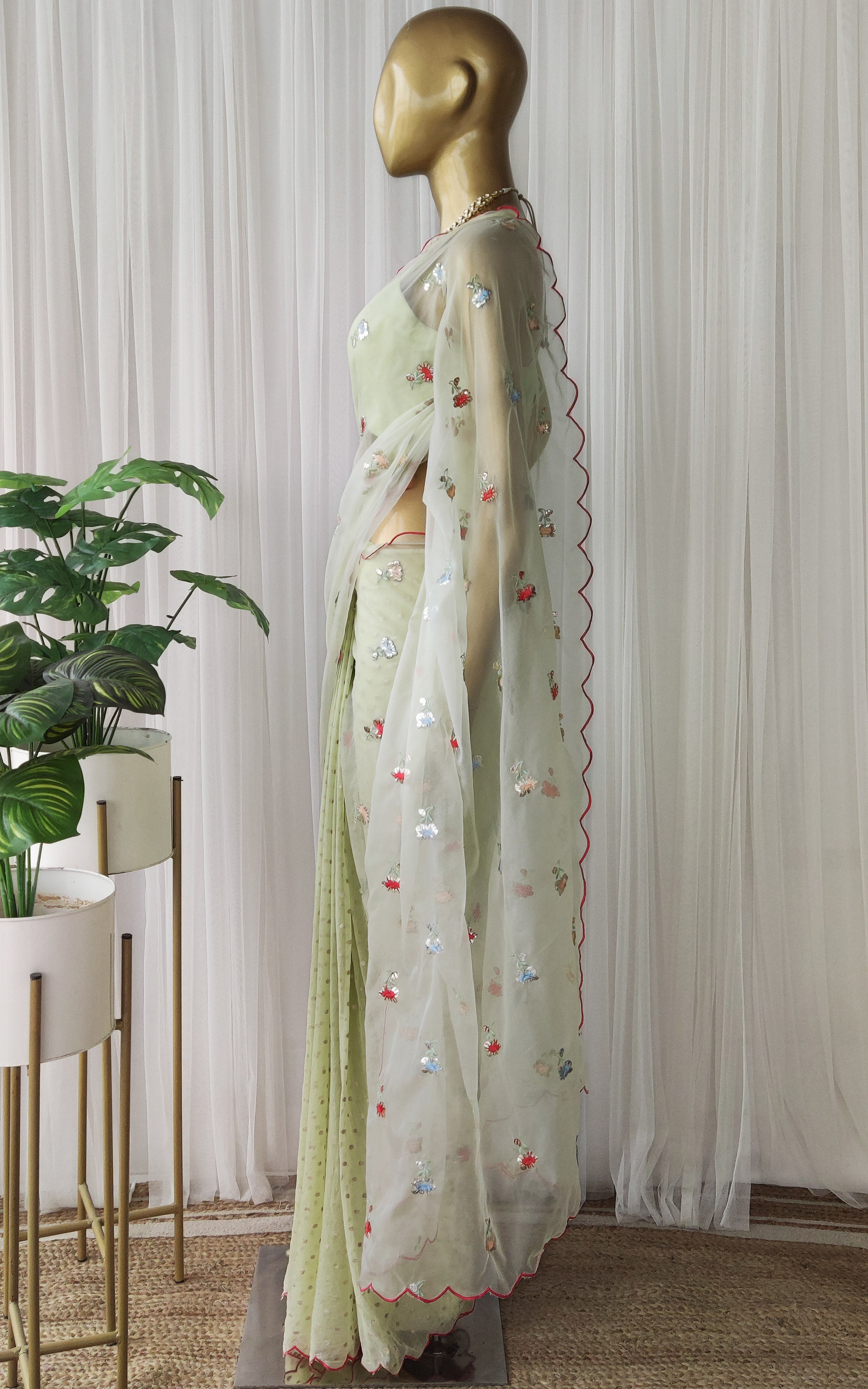 Tea Green Embroidered Half-half Organza Saree