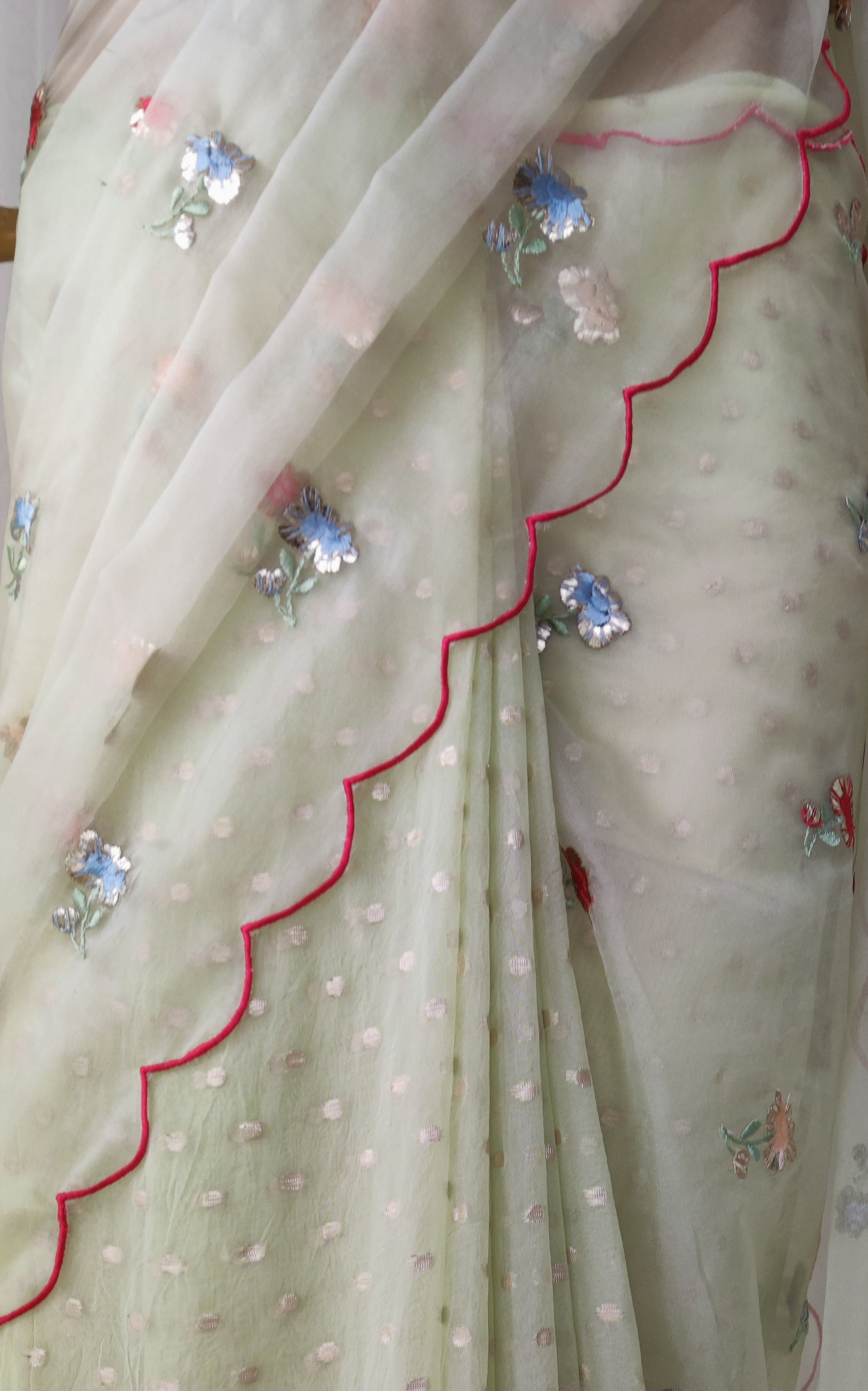 Tea Green Embroidered Half-half Organza Saree