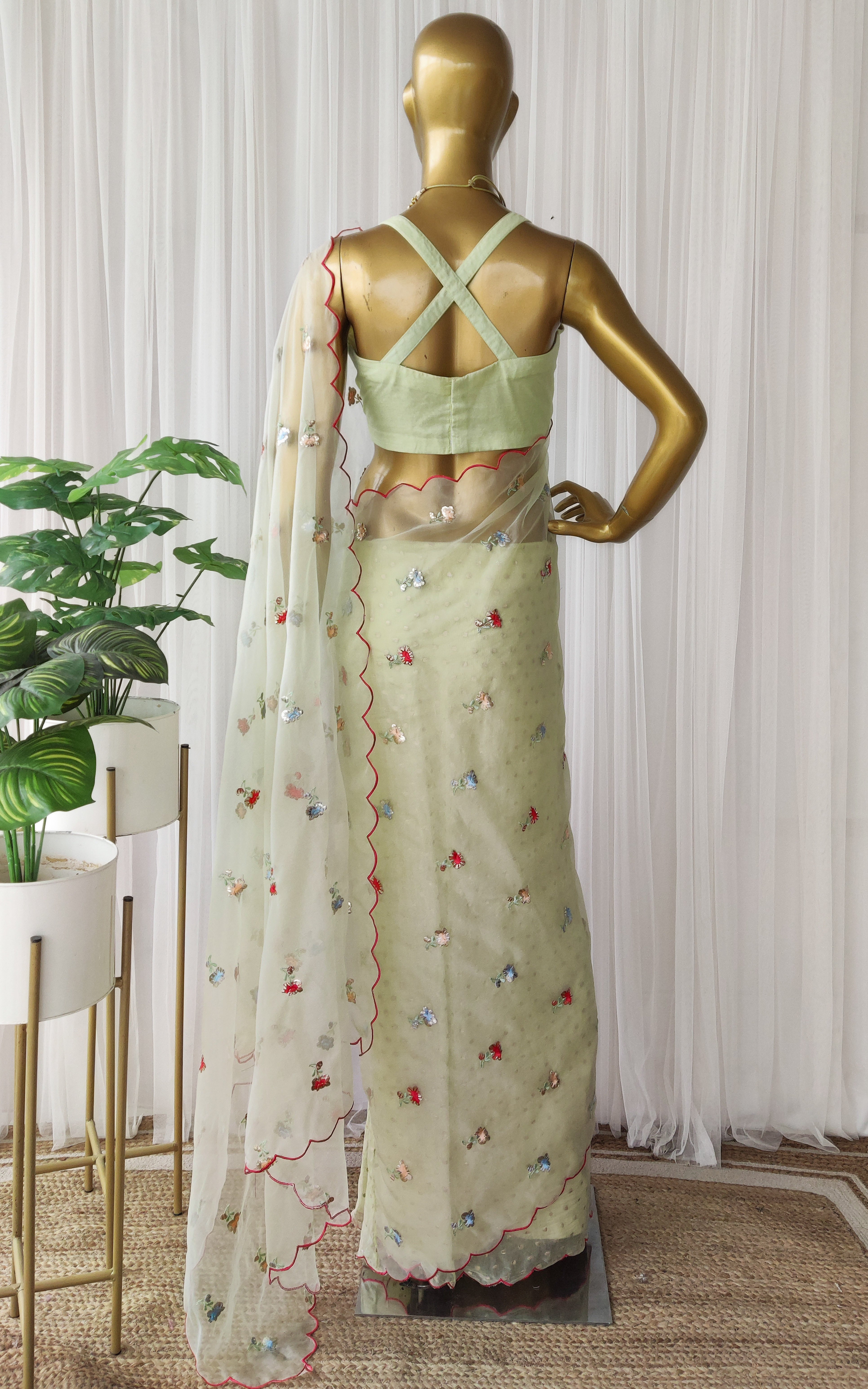 Tea Green Embroidered Half-half Organza Saree