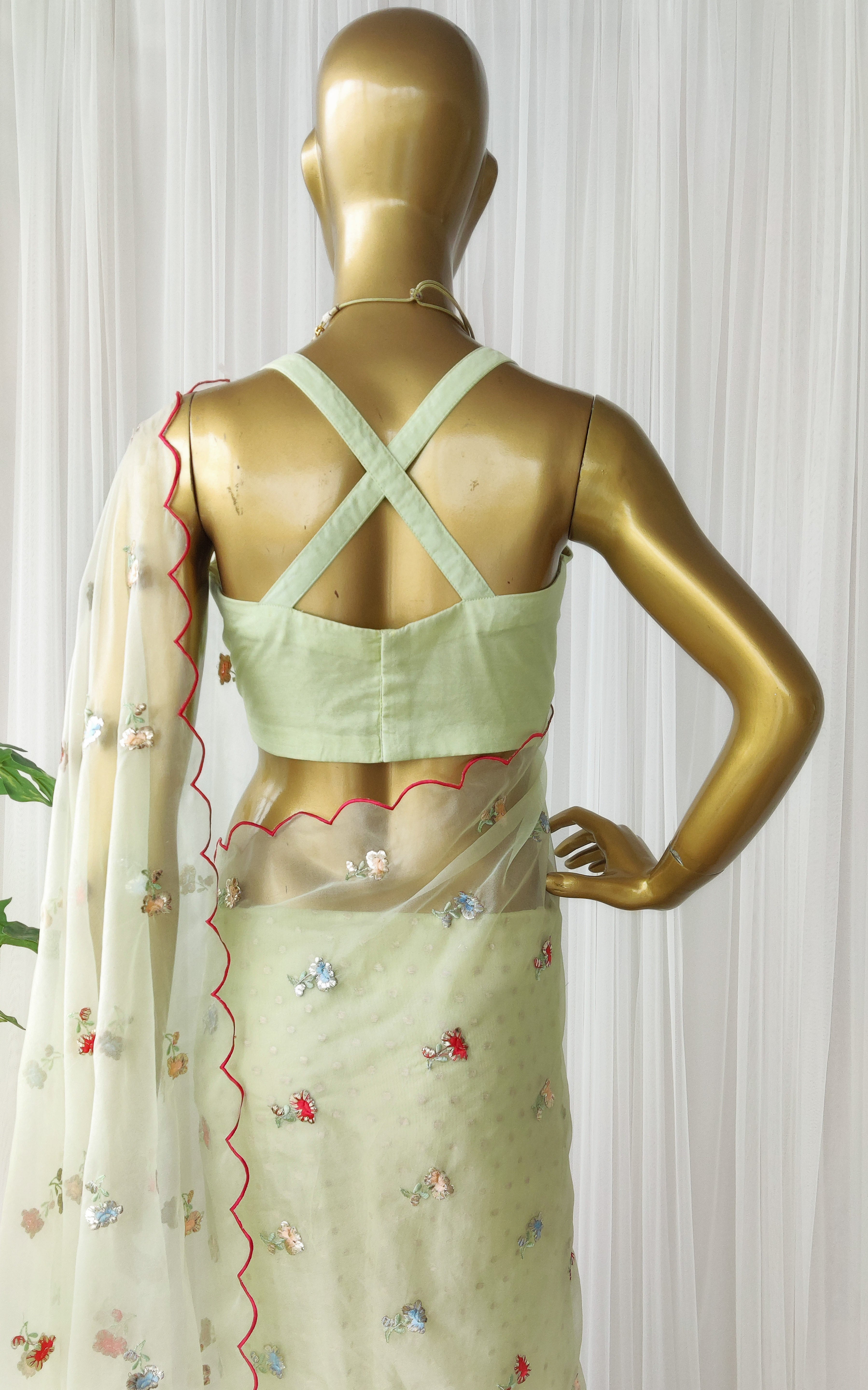 Tea Green Embroidered Half-half Organza Saree