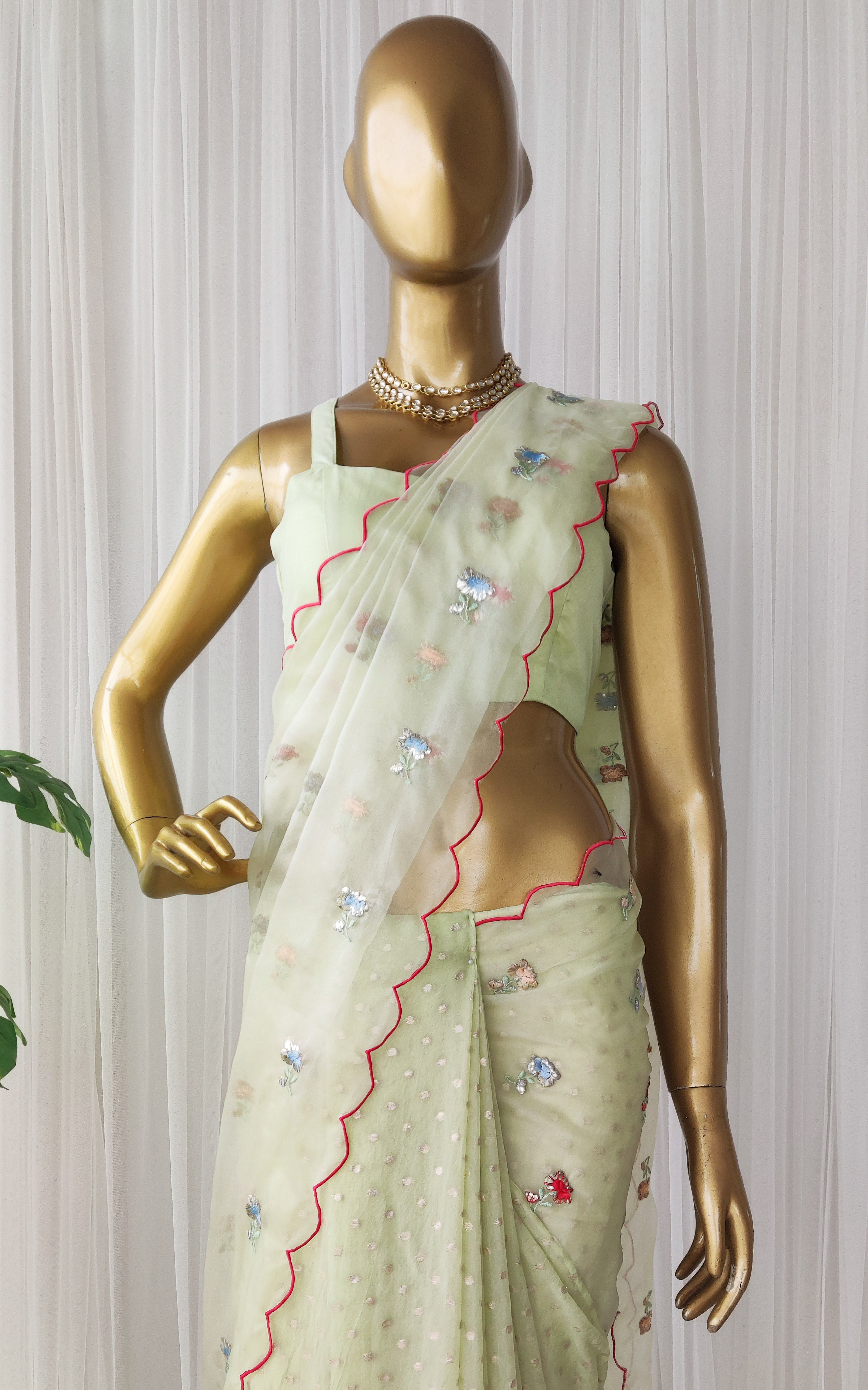 Tea Green Embroidered Half-half Organza Saree