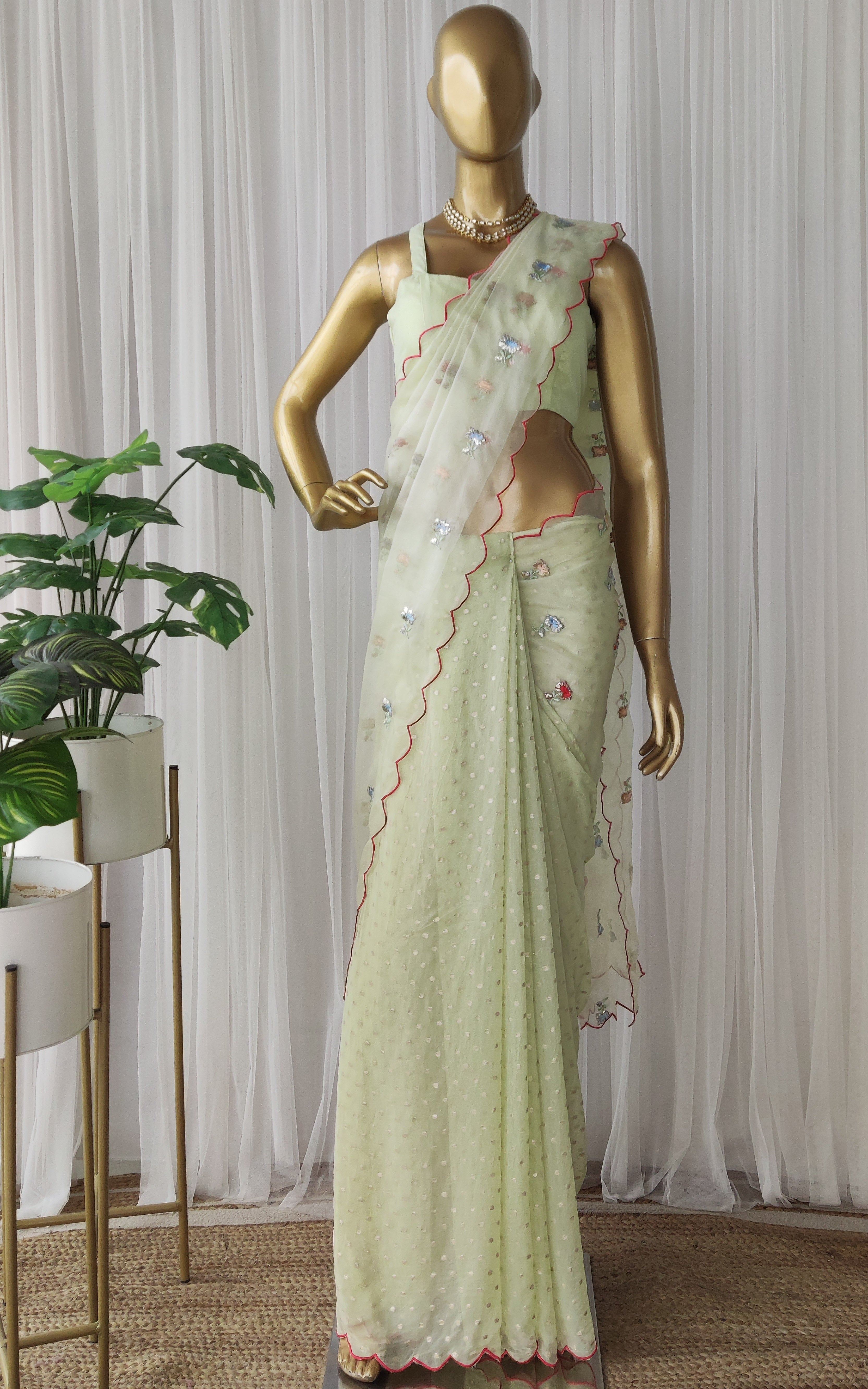 Tea Green Embroidered Half-half Organza Saree