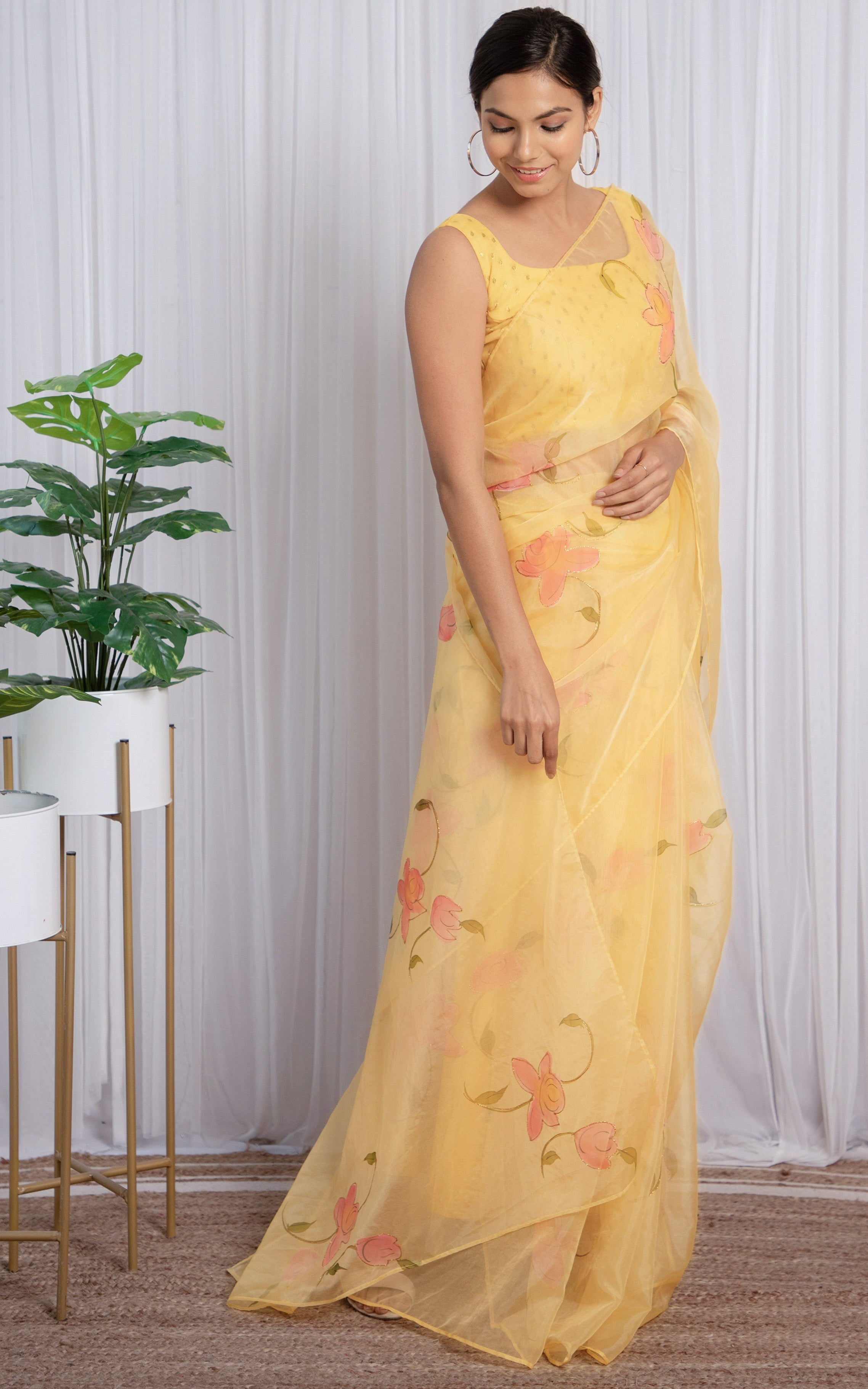 Light Yellow Handpainted Organza Saree