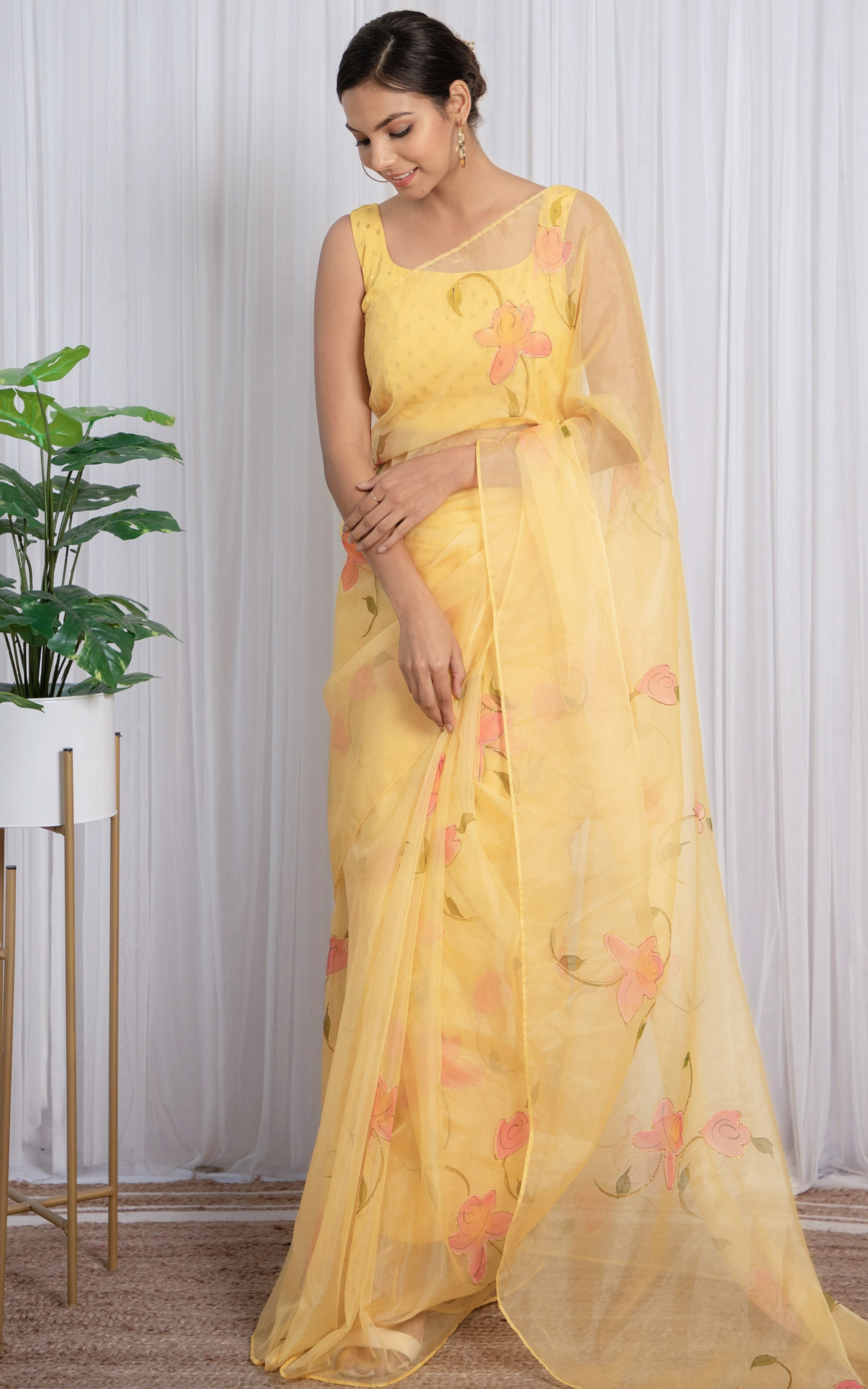 Light Yellow Handpainted Organza Saree