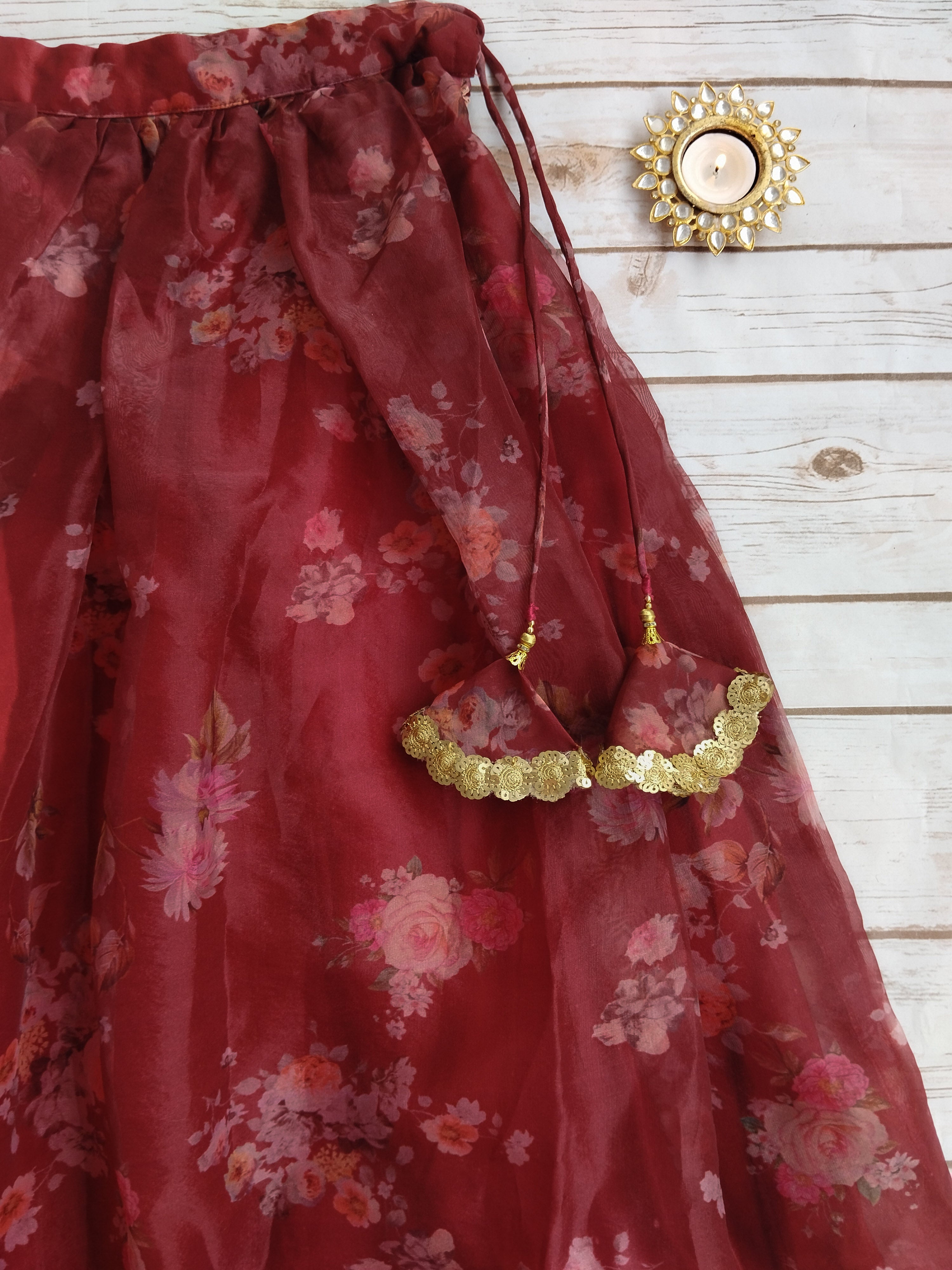 Wine Floral Print Organza Kid's Lehenga