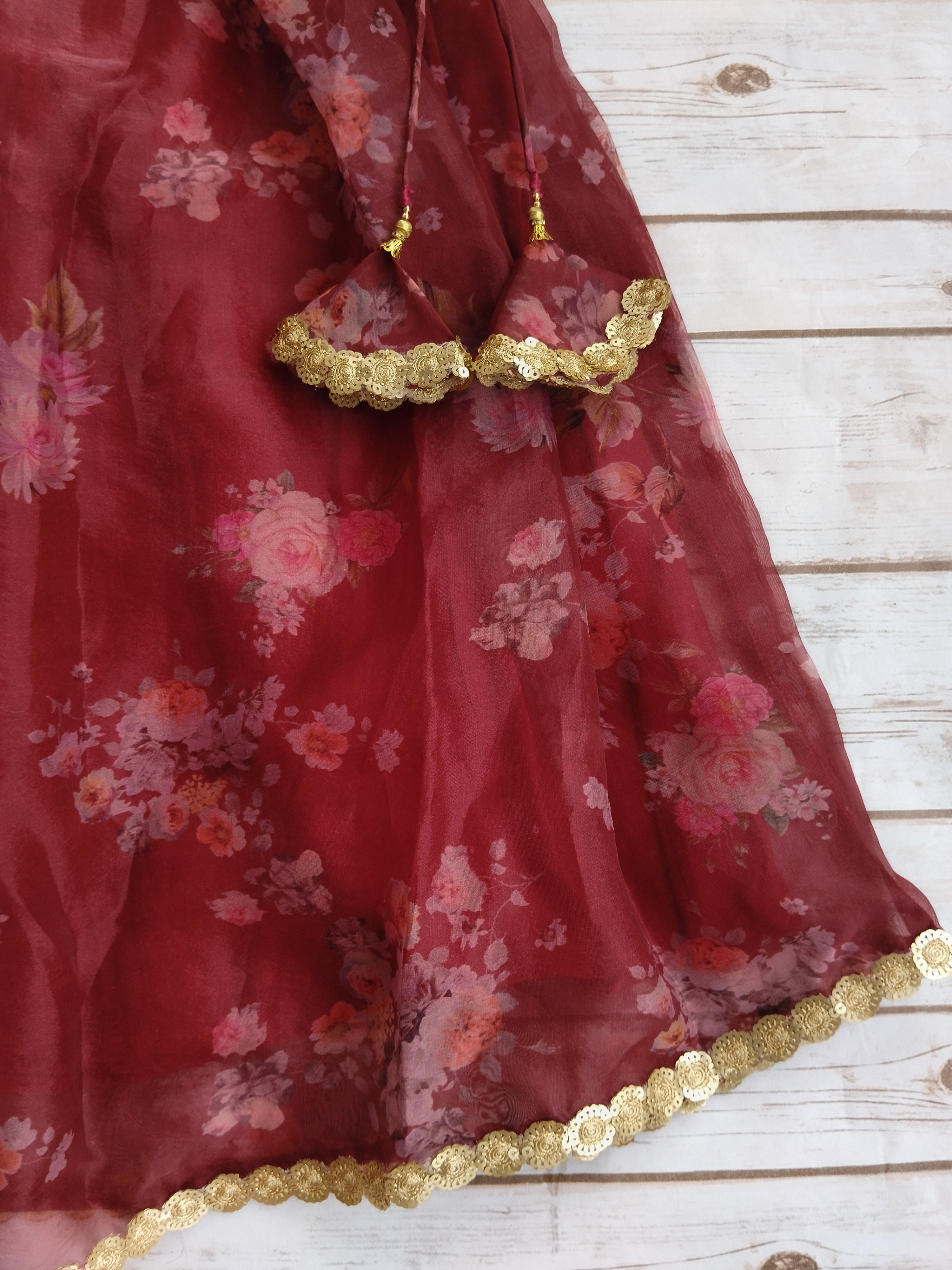 Wine Floral Print Organza Kid's Lehenga